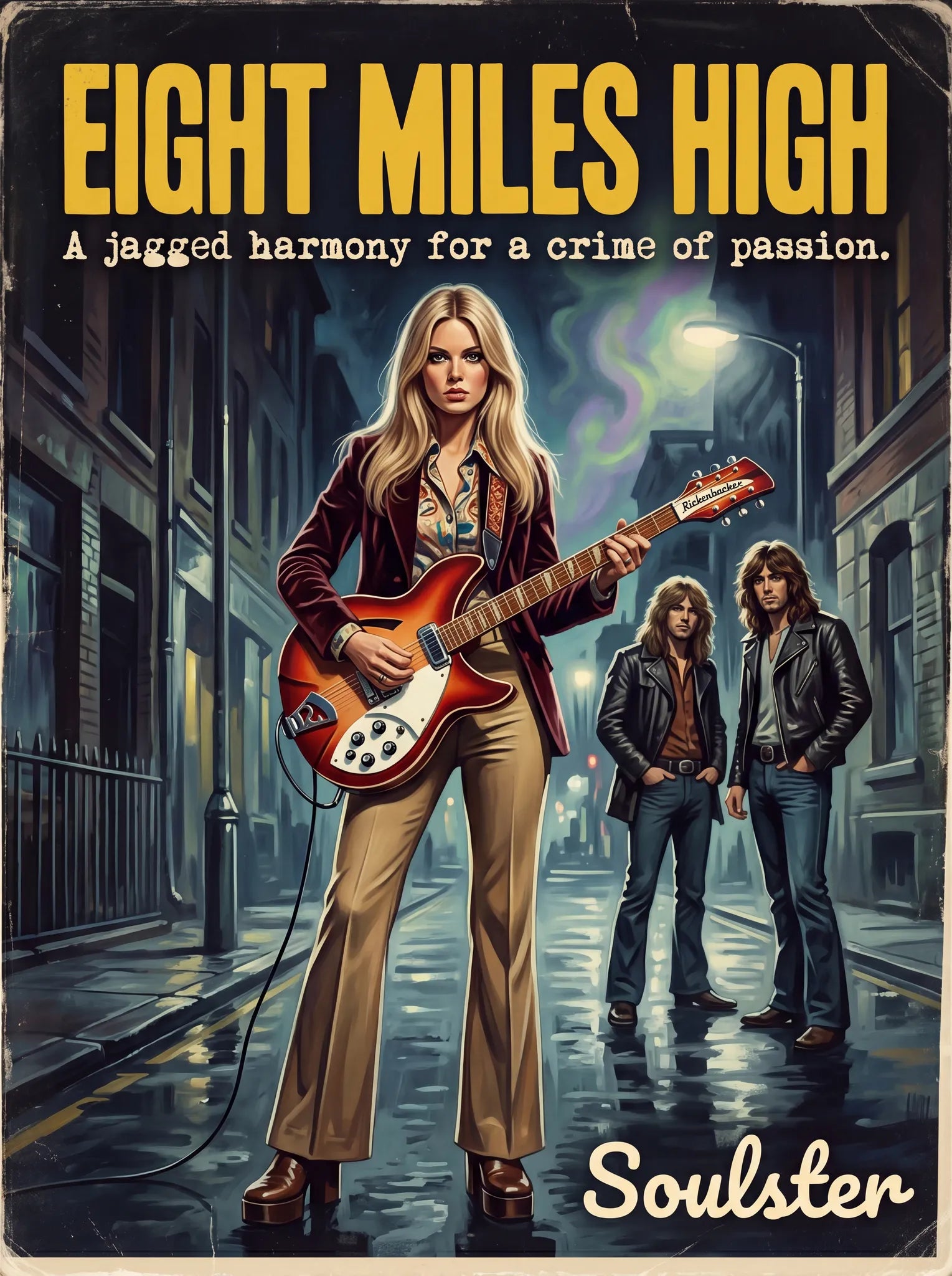 Soulster cinematic vintage pulp book cover art print illustration styled in a classic 1970s design layout inspired by Eight Miles High.