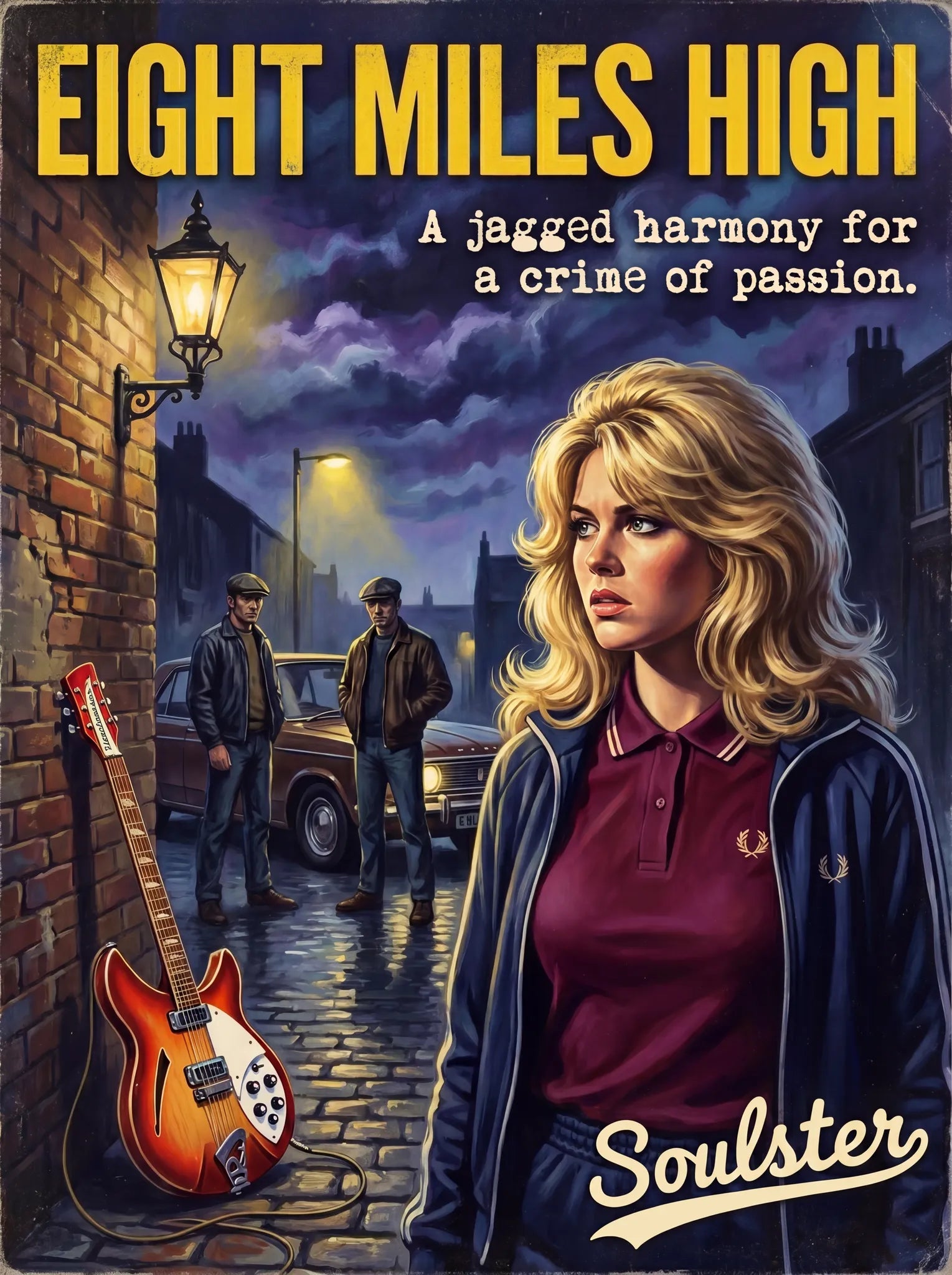 Soulster retro pulp thriller book cover style art print illustration inspired by Alternative Indie - Eight Miles High.