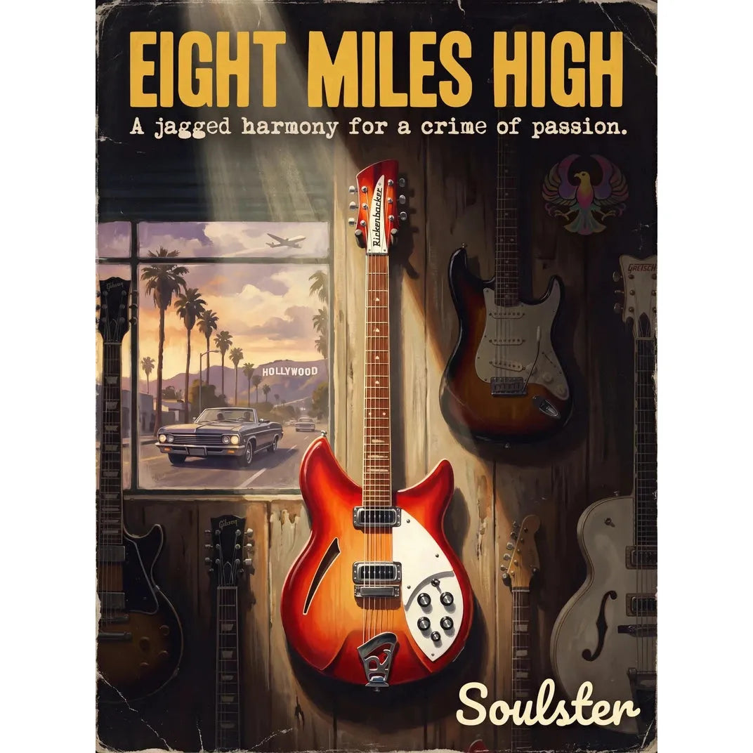 Soulster Manchester Edition wall art print showing a cinematic pulp style design of a Vintage Guitar inspired by Eight Miles High - Los Angeles.