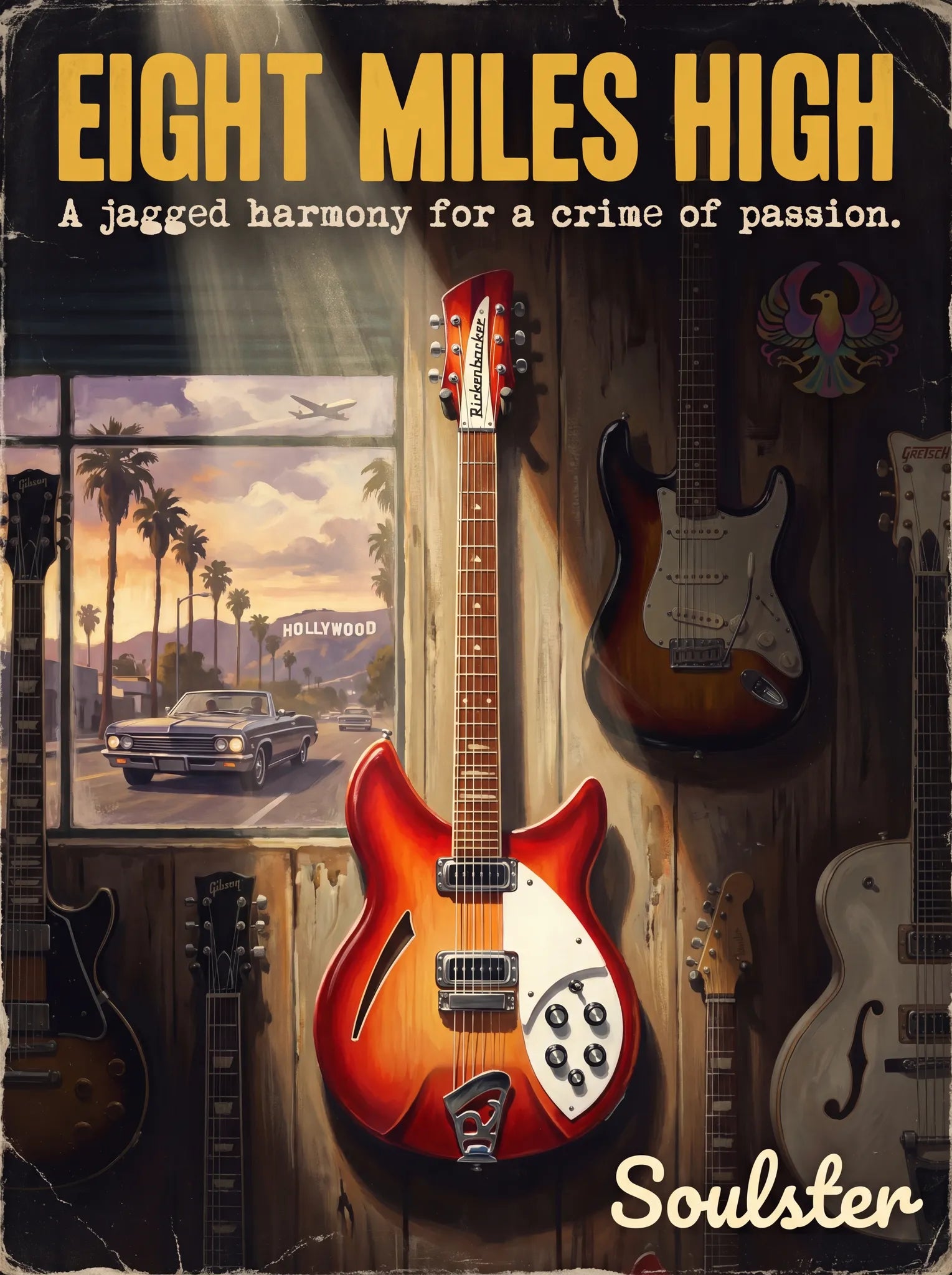 Soulster Manchester Edition wall art print showing a cinematic pulp style design of a Vintage Guitar inspired by Eight Miles High - Los Angeles.