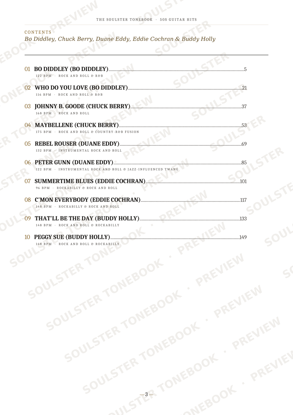 A scanned page from a guitar tabs book showing the table of contents for 'The Soulster Tumble' featuring songs by Bo Diddley, Chuck Berry, Daniel Eddy, Eddie Cochran, and Buddy Holly, with track numbers and page references.