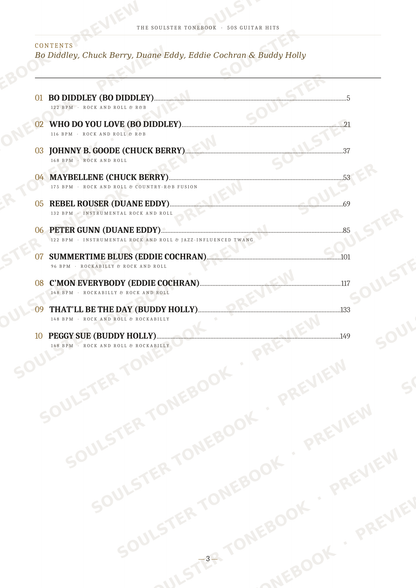A scanned page from a guitar tabs book showing the table of contents for 'The Soulster Tumble' featuring songs by Bo Diddley, Chuck Berry, Daniel Eddy, Eddie Cochran, and Buddy Holly, with track numbers and page references.