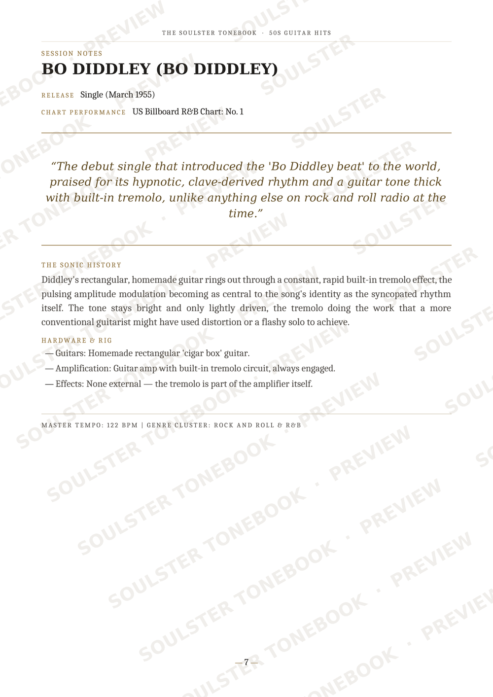 A page from a music history book or article about Bo Diddley, with text headings, a quote, and a small guitar headstock photo. The page is watermarked repeatedly with 'SOULSTRENGTHONEBOOK' and 'PREVIEW'.
