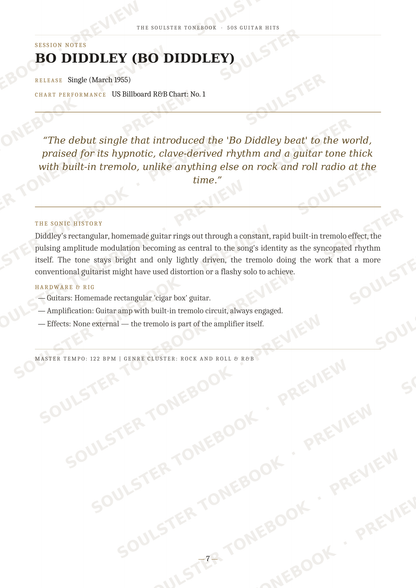 A page from a music history book or article about Bo Diddley, with text headings, a quote, and a small guitar headstock photo. The page is watermarked repeatedly with 'SOULSTRENGTHONEBOOK' and 'PREVIEW'.