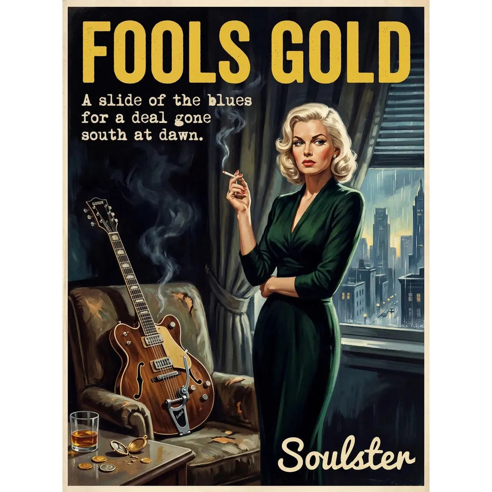 Soulster cinematic vintage pulp book cover art print illustration styled in a classic 1950s design layout inspired by Fools Gold.