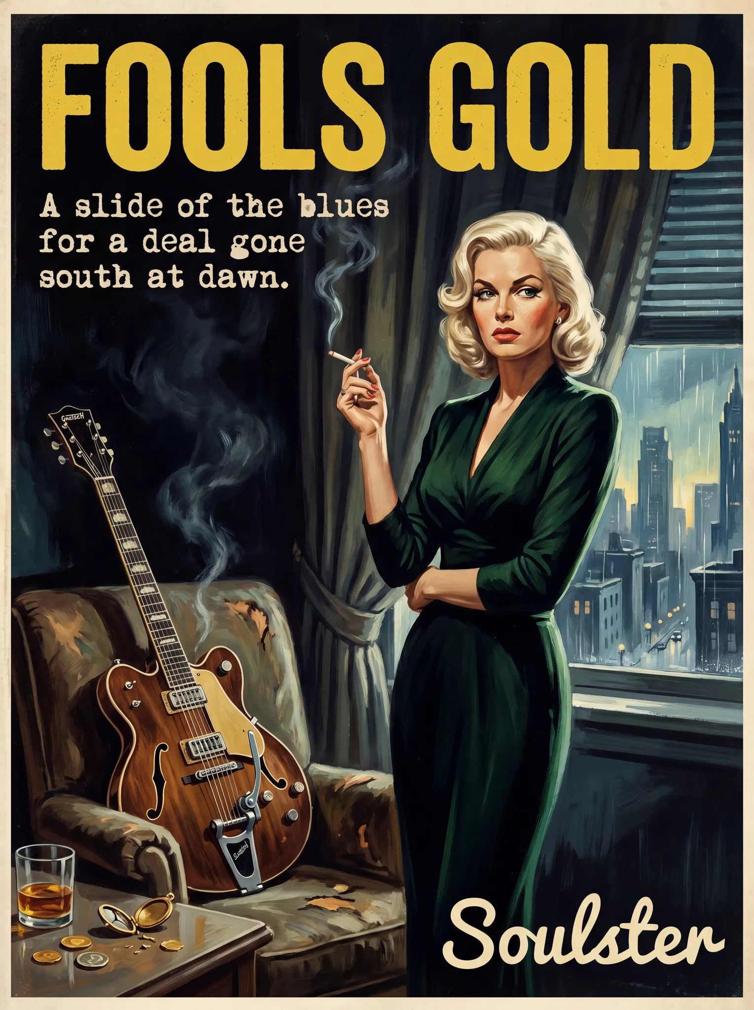 Soulster cinematic vintage pulp book cover art print illustration styled in a classic 1950s design layout inspired by Fools Gold.