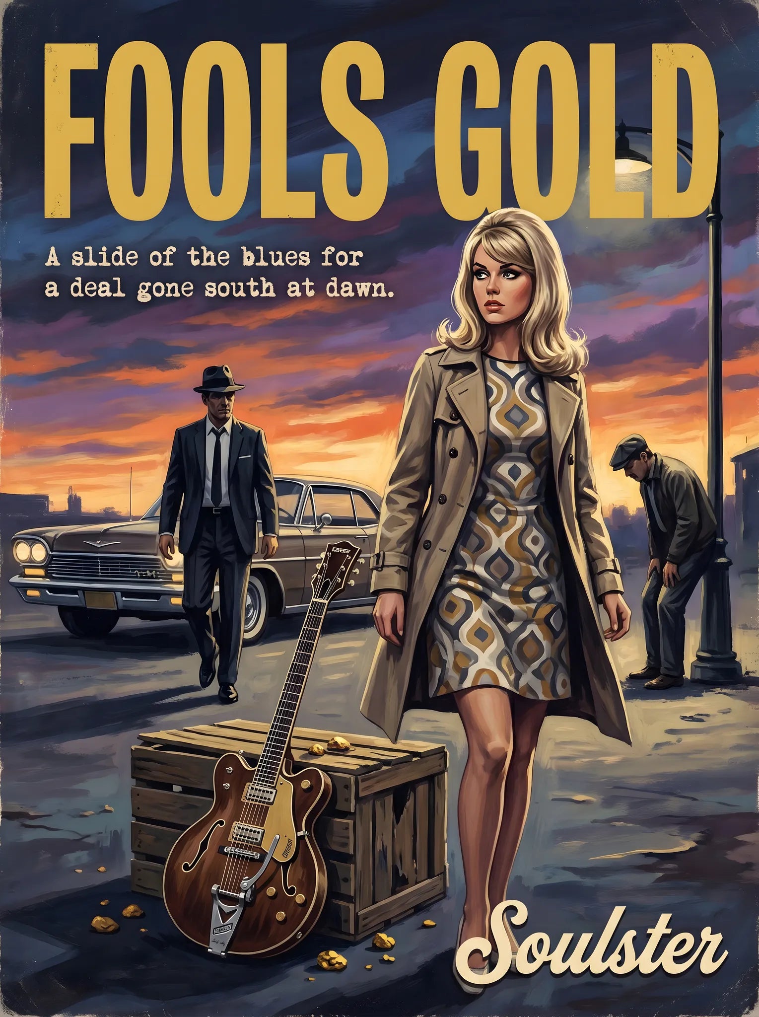 Soulster cinematic vintage pulp book cover art print illustration styled in a classic 1960s design layout inspired by Fools Gold.