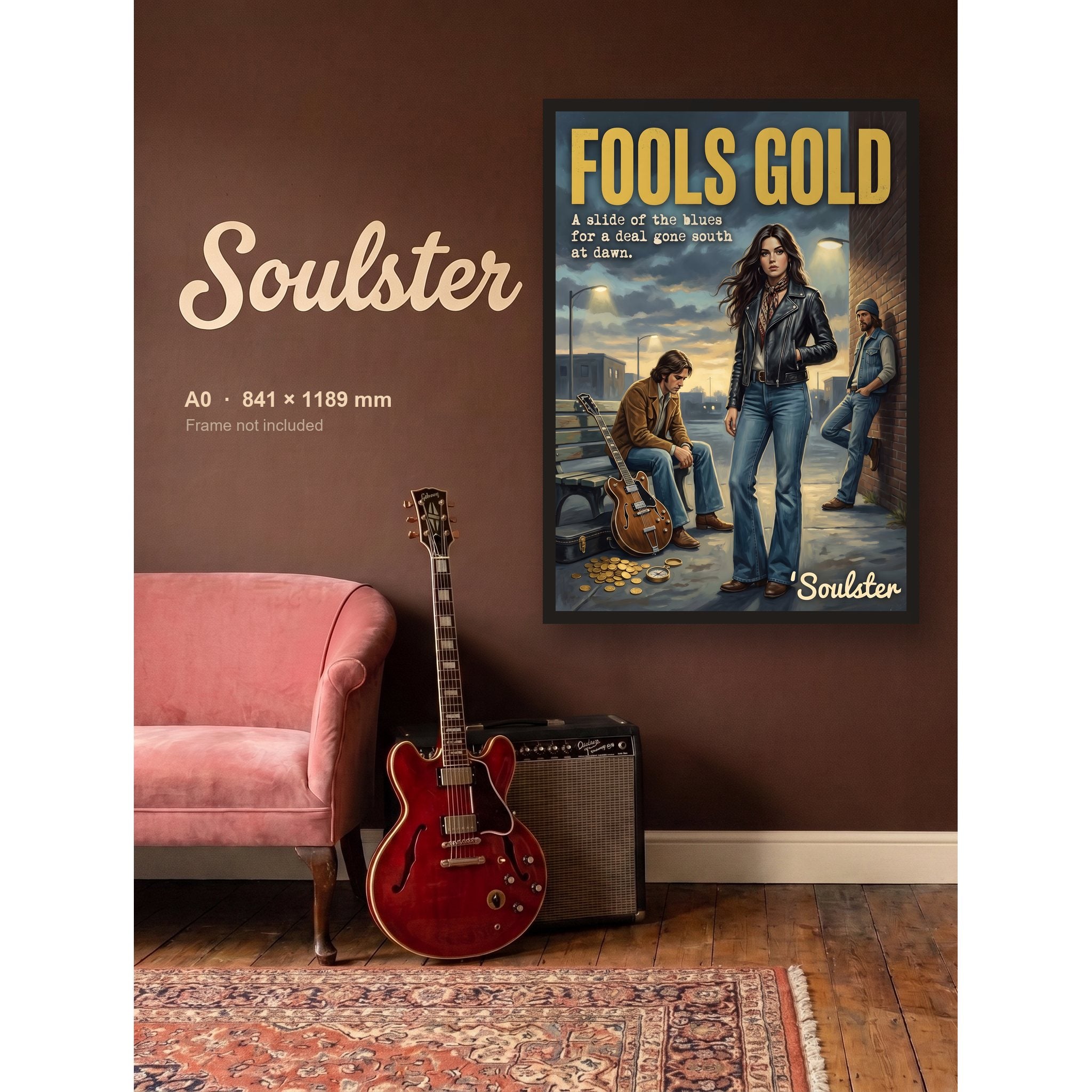 Fools Gold - 1970s Print shown framed on a wall in A0 size. Frame not included.