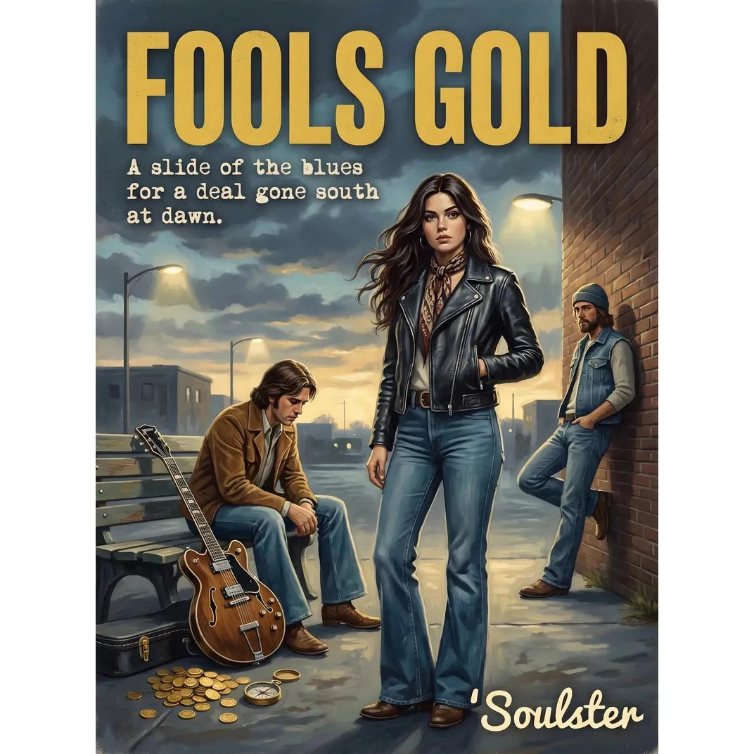 Soulster cinematic vintage pulp book cover art print illustration styled in a classic 1970s design layout inspired by Fools Gold.