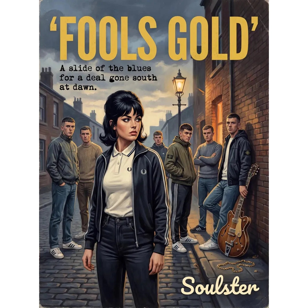 Soulster retro pulp thriller book cover style art print illustration inspired by The Stone Roses - Fools Gold.