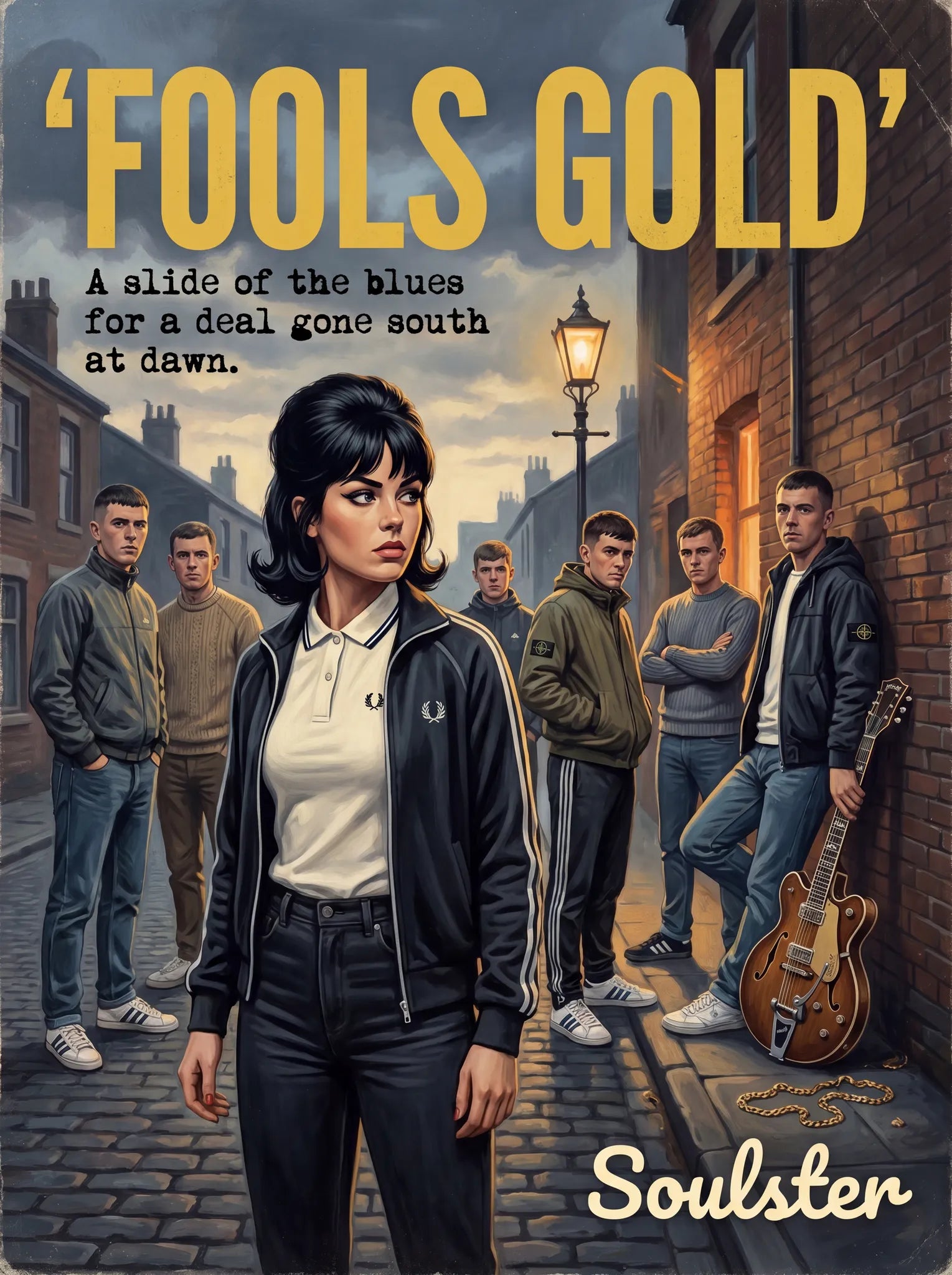 Soulster retro pulp thriller book cover style art print illustration inspired by The Stone Roses - Fools Gold.