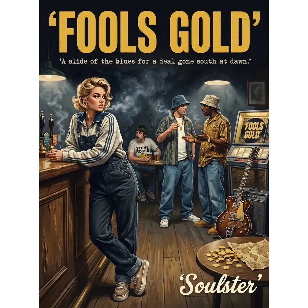 Soulster cinematic vintage pulp book cover art print illustration styled in a classic 1990s design layout inspired by Fools Gold.