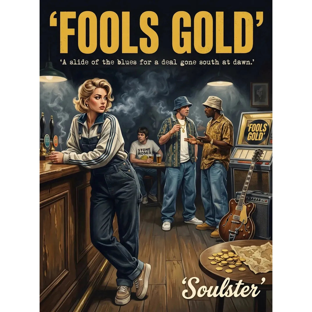 Soulster cinematic vintage pulp book cover art print illustration styled in a classic 1990s design layout inspired by Fools Gold.