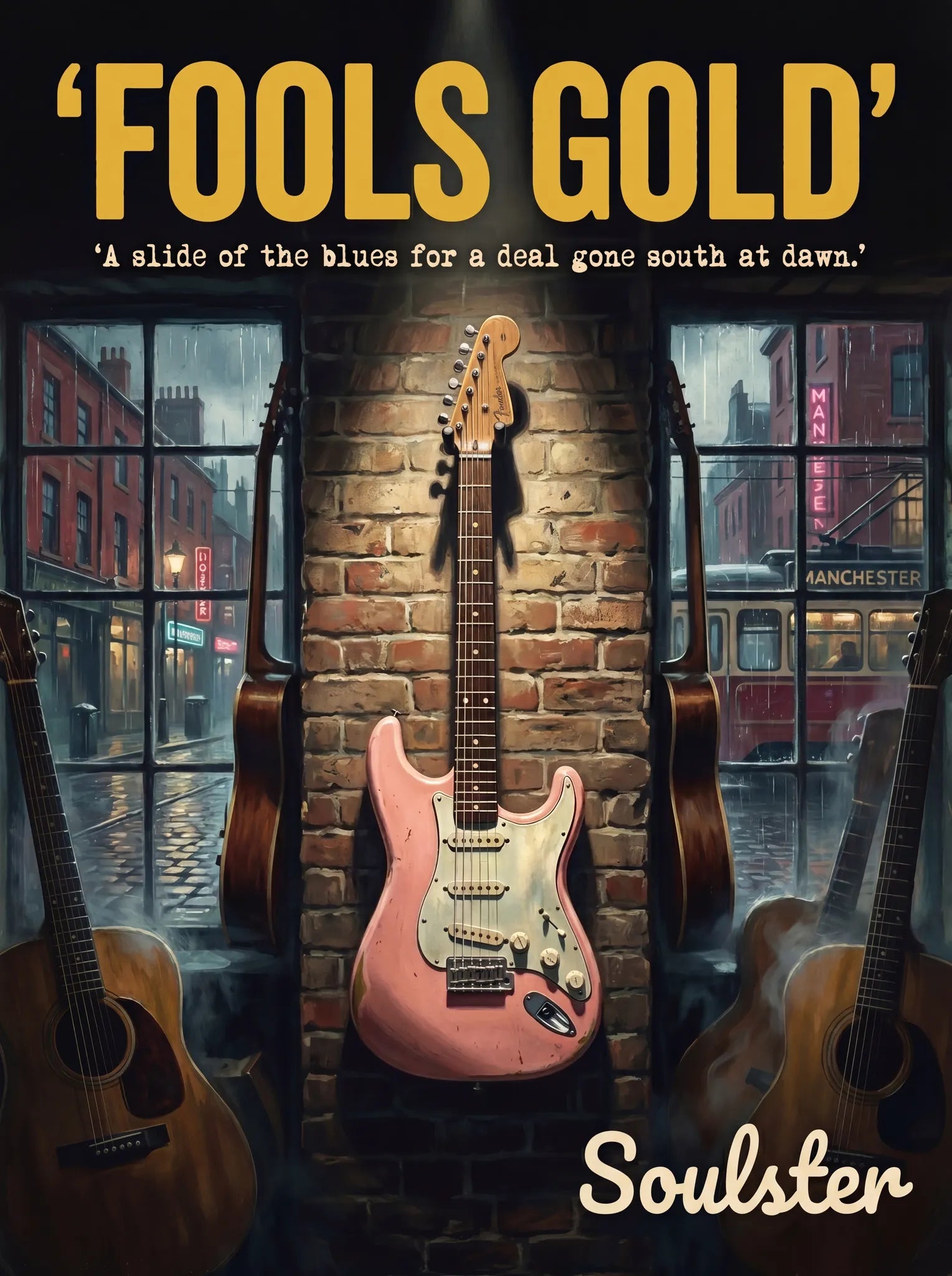 Soulster Manchester Edition wall art print showing a cinematic pulp style design of a Vintage Guitar inspired by Fools Gold.