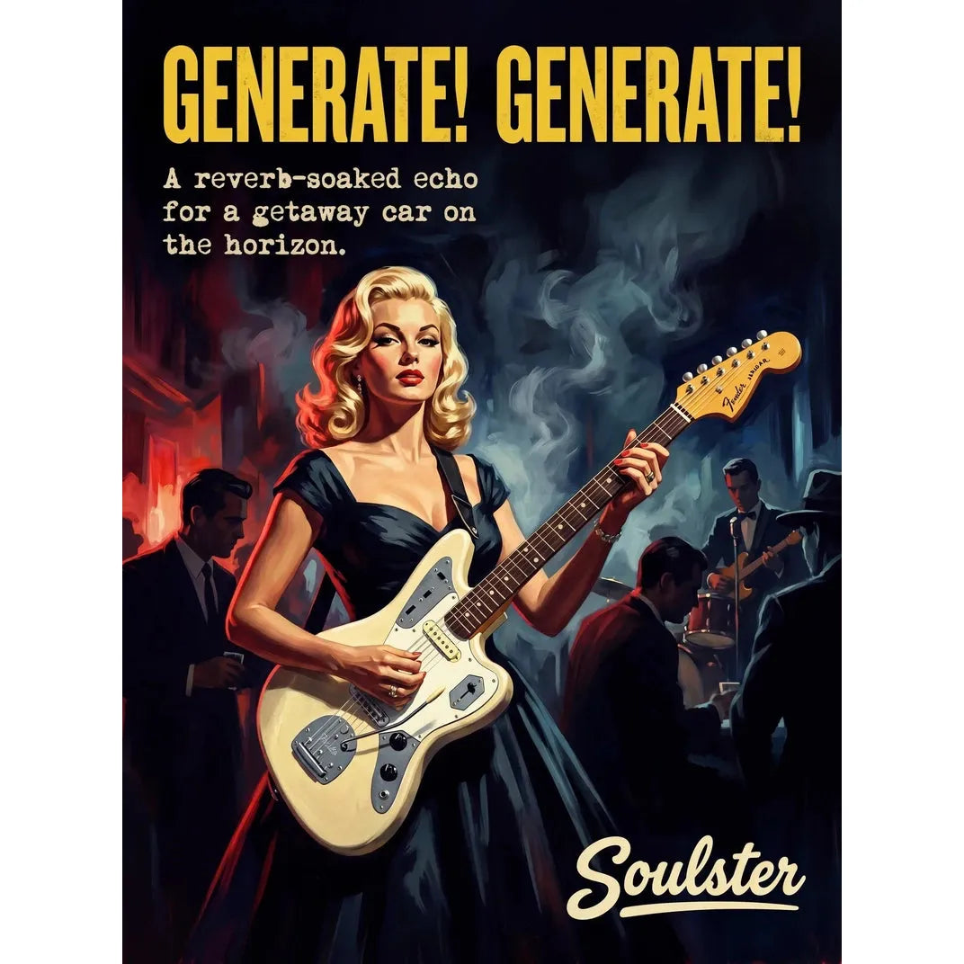 Soulster cinematic vintage pulp book cover art print illustration styled in a classic 1950s design layout inspired by Generate! Generate!.