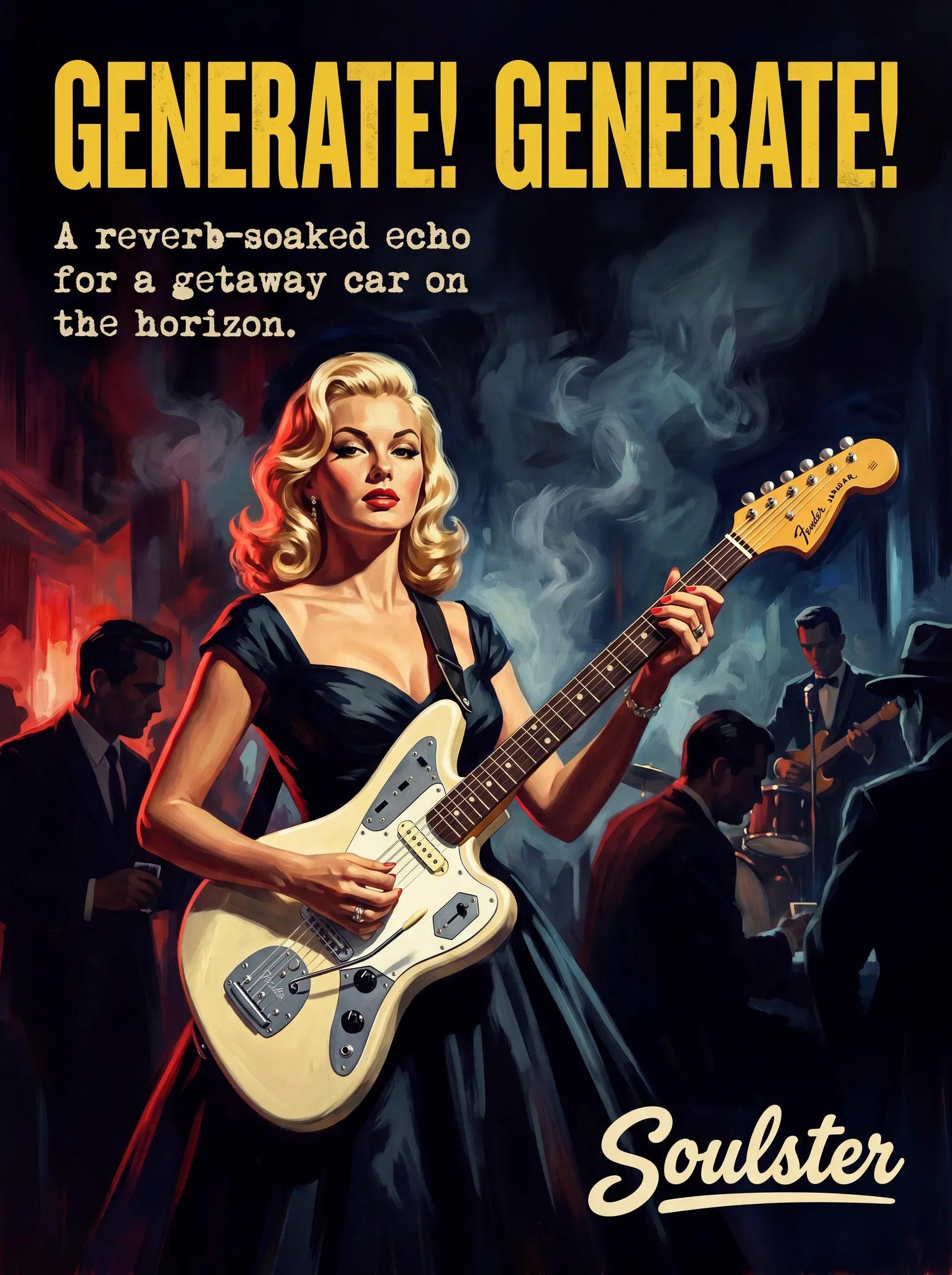 Soulster cinematic vintage pulp book cover art print illustration styled in a classic 1950s design layout inspired by Generate! Generate!.