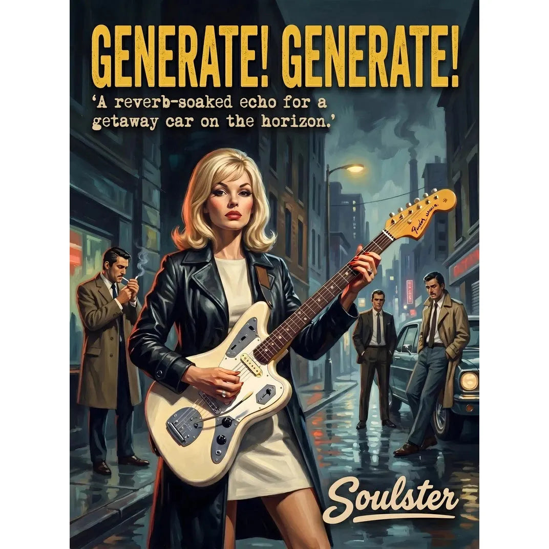 Soulster cinematic vintage pulp book cover art print illustration styled in a classic 1960s design layout inspired by Generate! Generate!.