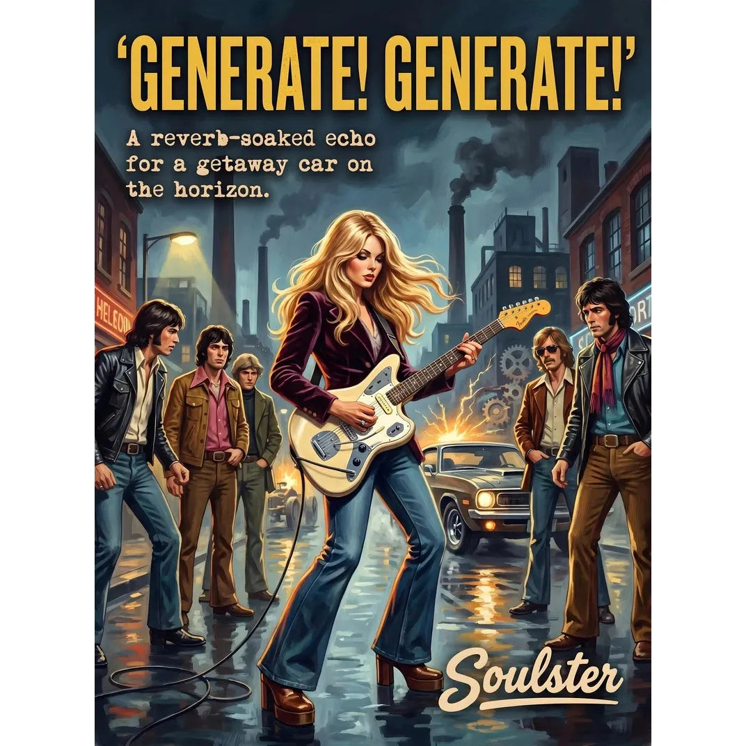 Soulster cinematic vintage pulp book cover art print illustration styled in a classic 1970s design layout inspired by Generate! Generate!.