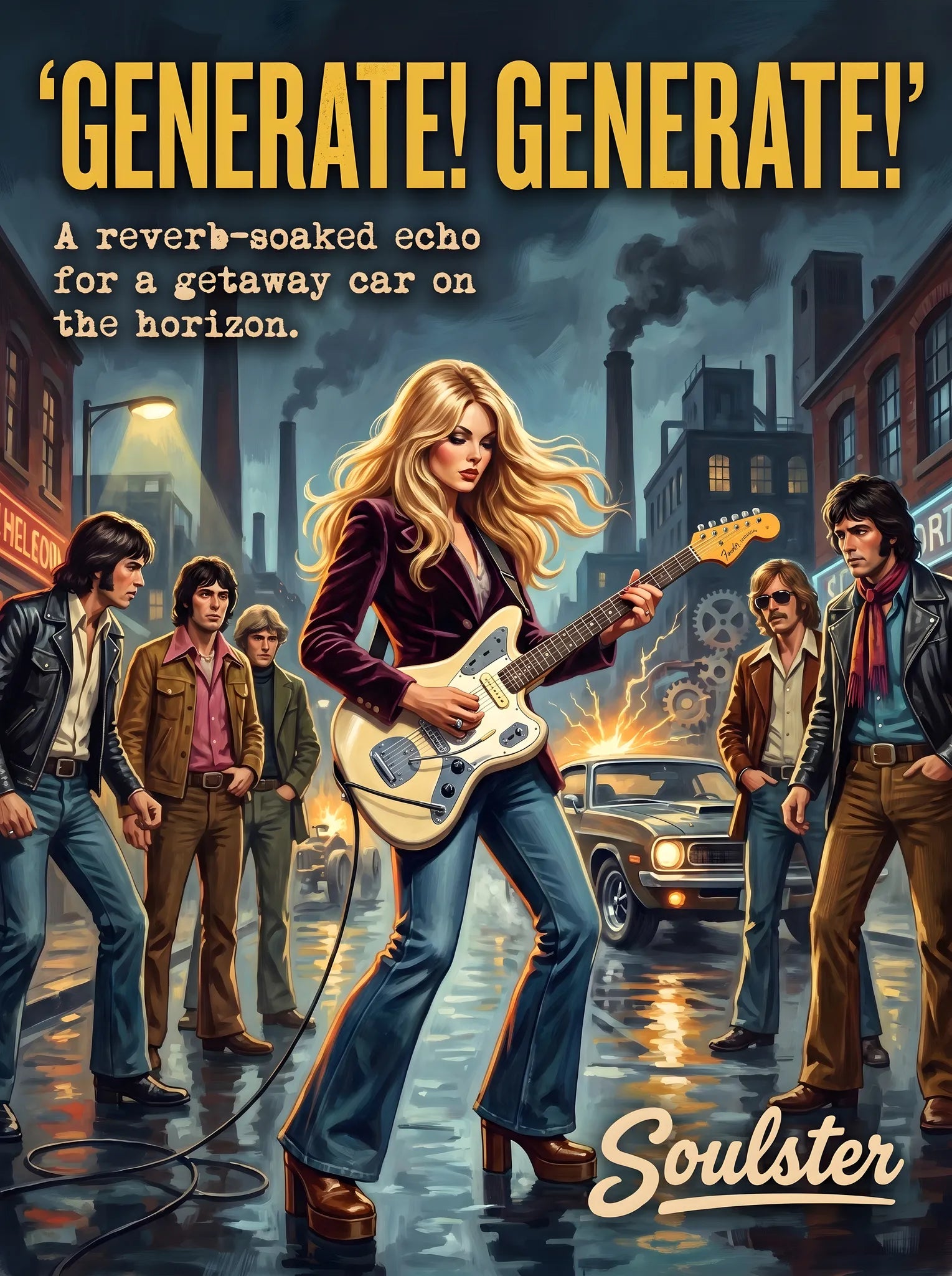 Soulster cinematic vintage pulp book cover art print illustration styled in a classic 1970s design layout inspired by Generate! Generate!.