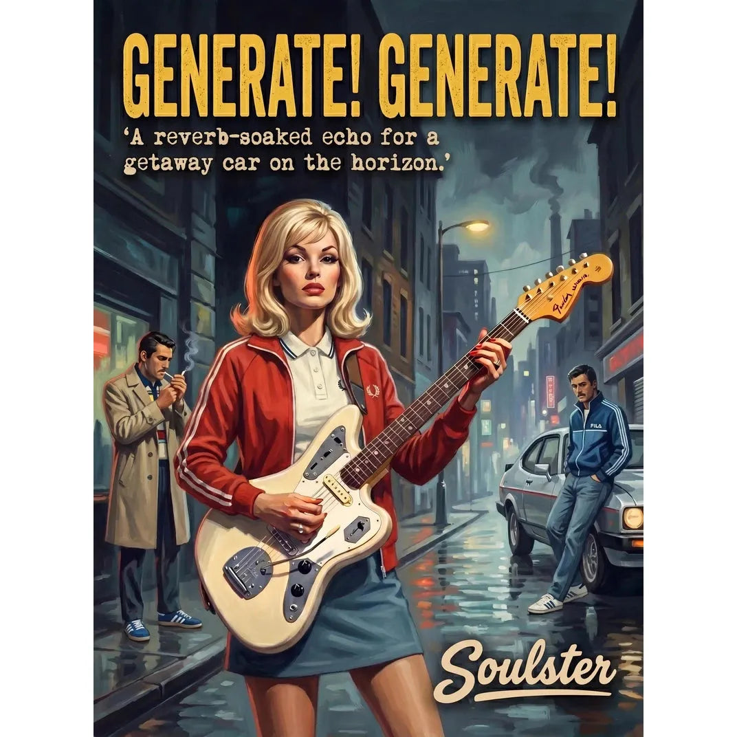 Soulster retro pulp thriller book cover style art print illustration inspired by Johnny Marr - Generate! Generate!.