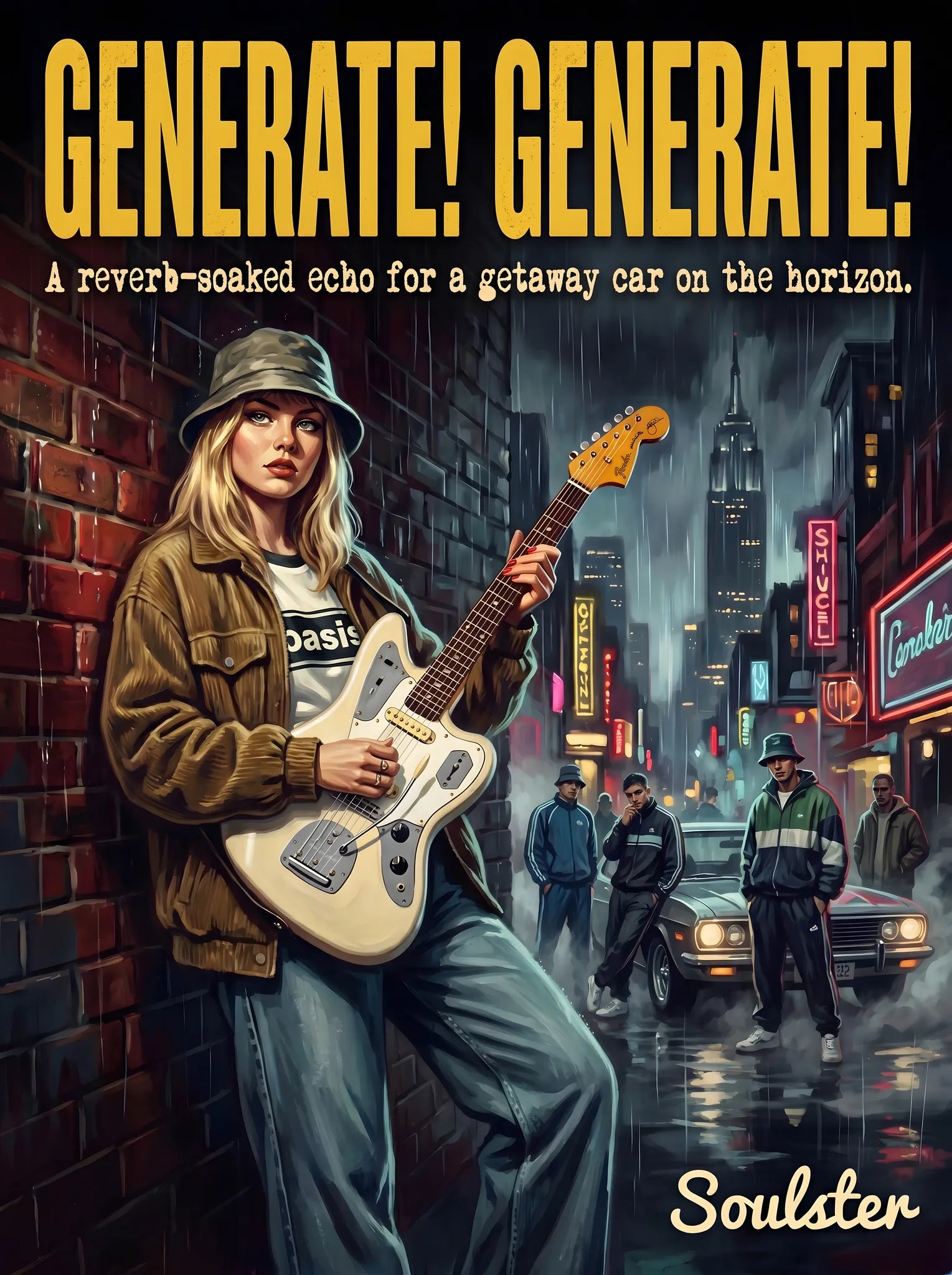 Soulster cinematic vintage pulp book cover art print illustration styled in a classic 1990s design layout inspired by Generate! Generate!.