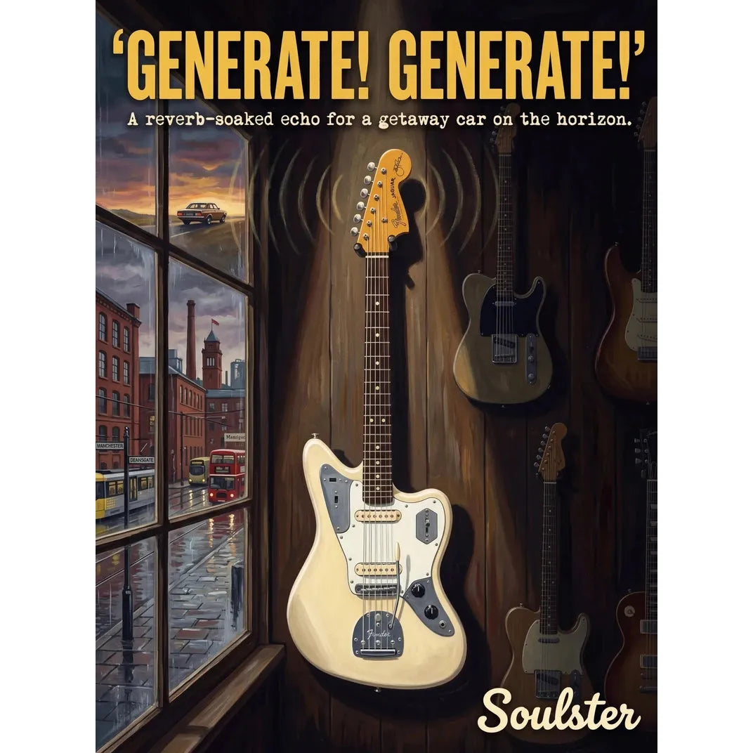 Soulster Manchester Edition wall art print showing a cinematic pulp style design of a Vintage Guitar inspired by Generate! Generate!.