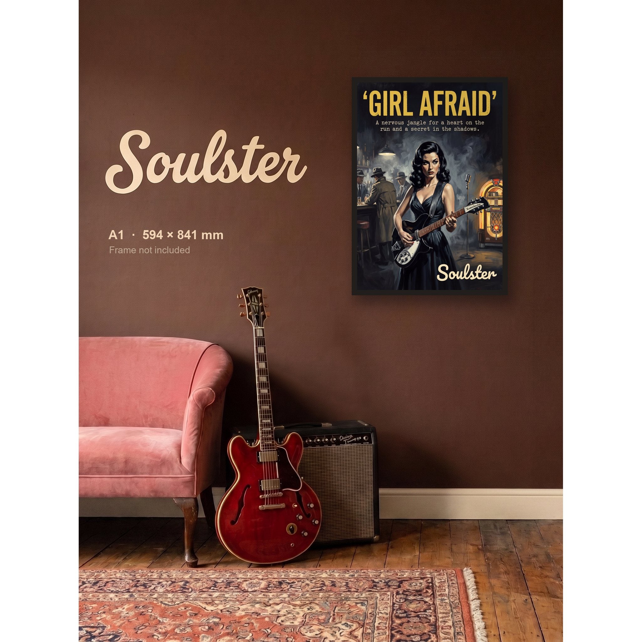Girl Afraid - 1950s Print shown framed on a wall in A1 size. Frame not included.