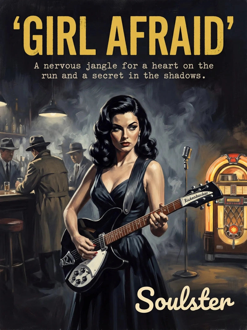 Soulster cinematic vintage pulp book cover art print illustration styled in a classic 1950s design layout inspired by Girl Afraid.