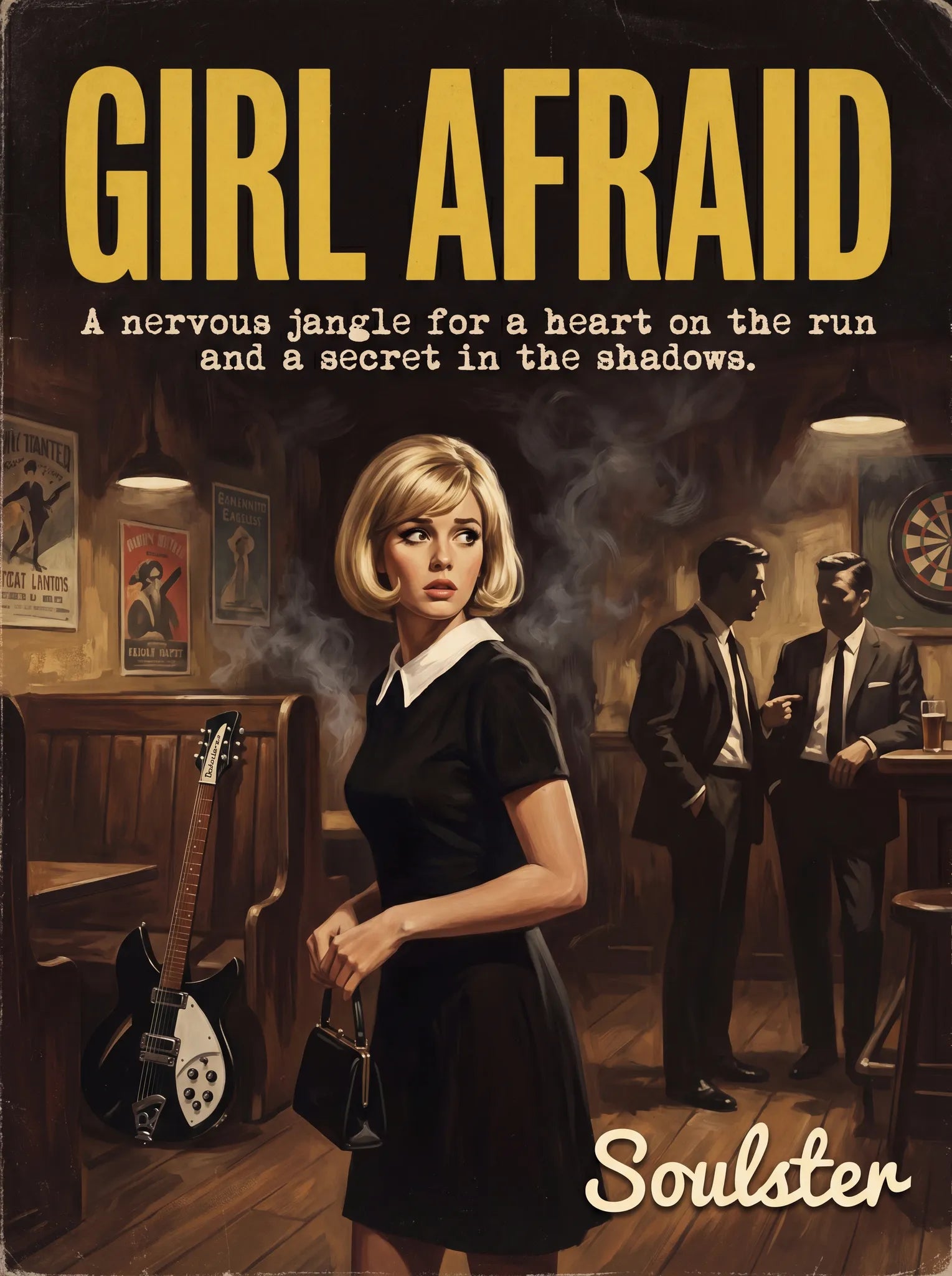 Soulster cinematic vintage pulp book cover art print illustration styled in a classic 1960s design layout inspired by Girl Afraid.