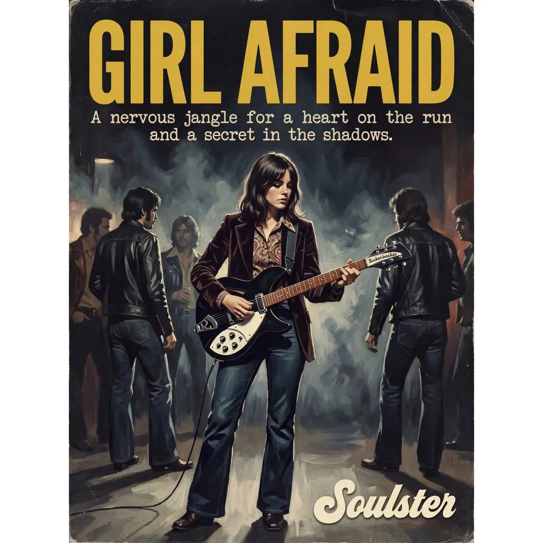 Soulster cinematic vintage pulp book cover art print illustration styled in a classic 1970s design layout inspired by Girl Afraid.