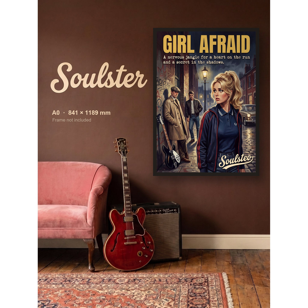 Girl Afraid - 1980s Print shown framed on a wall in A0 size. Frame not included.