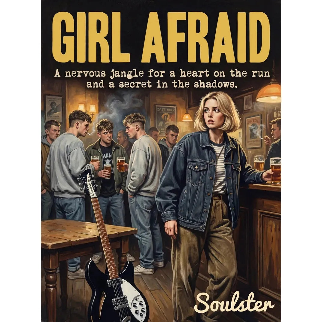 Soulster cinematic vintage pulp book cover art print illustration styled in a classic 1990s design layout inspired by Girl Afraid.