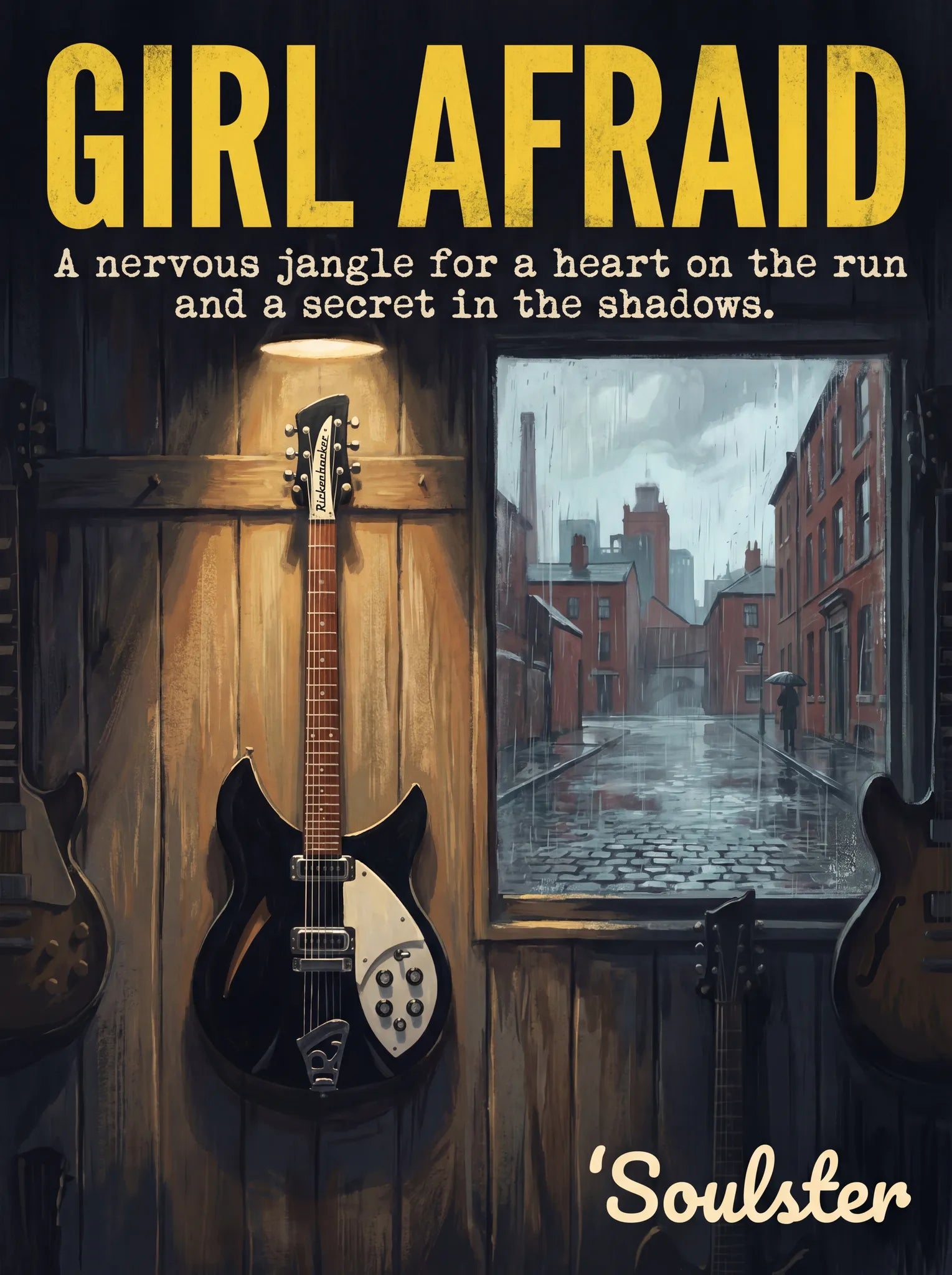 Soulster Manchester Edition wall art print showing a cinematic pulp style design of a Rickenbacker 330 inspired by Girl Afraid.