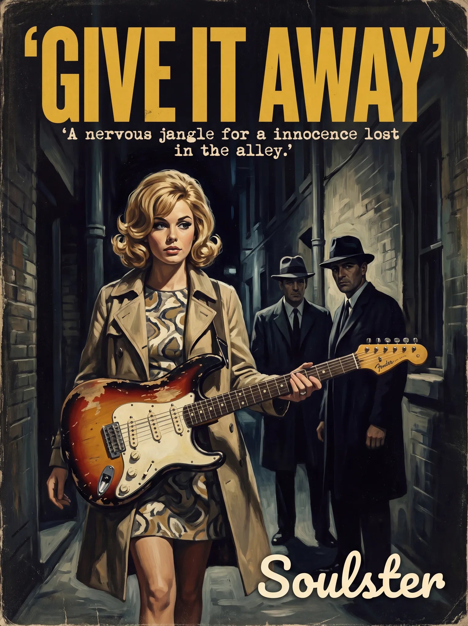 Soulster cinematic vintage pulp book cover art print illustration styled in a classic 1960s design layout inspired by Give It Away.