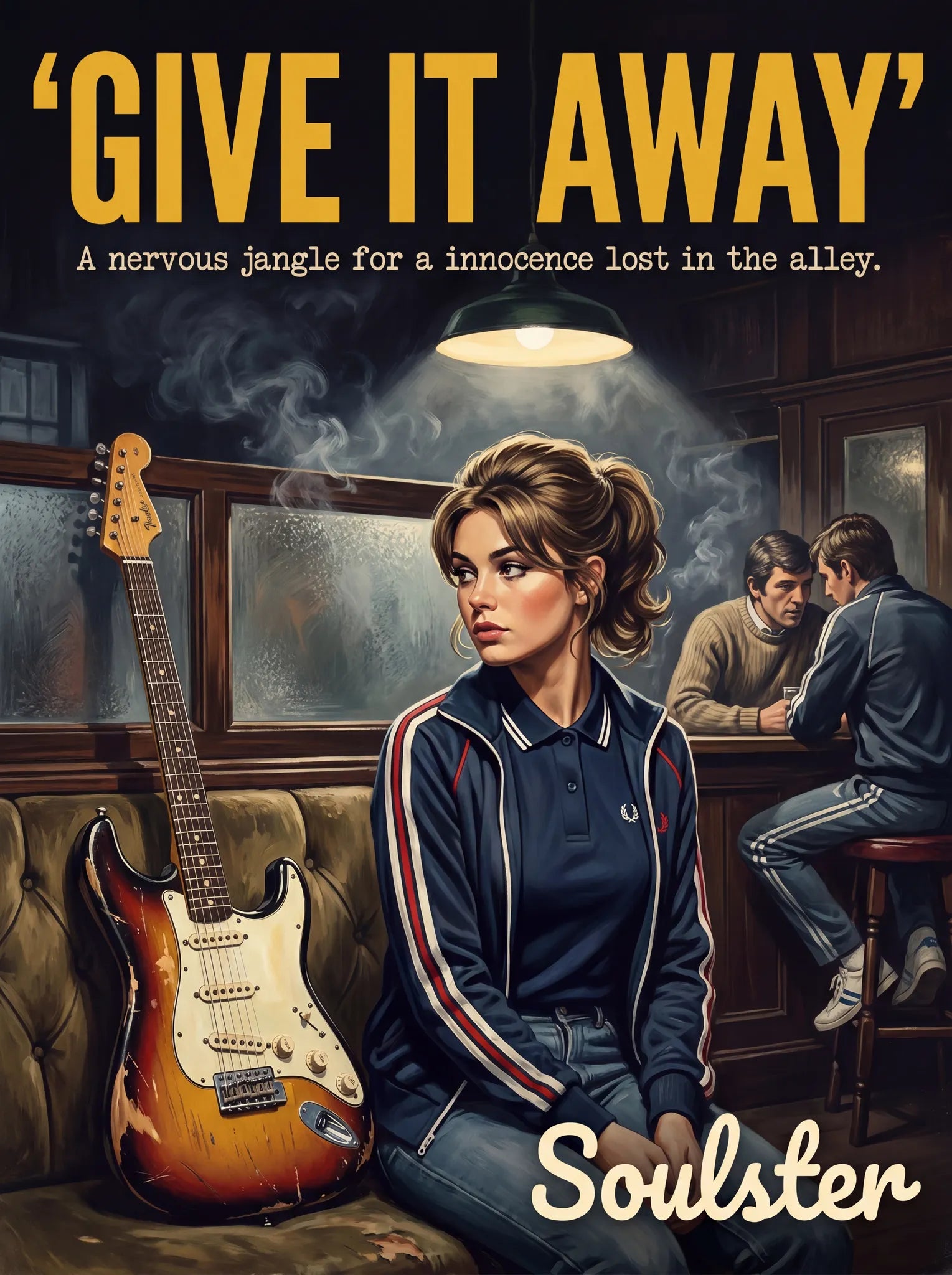 Soulster retro pulp thriller book cover style art print illustration inspired by Alternative Indie - Give It Away.