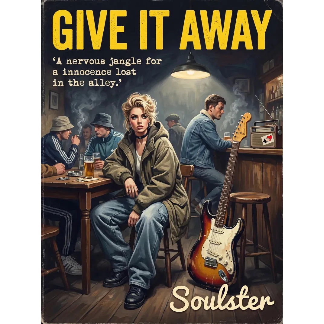 Soulster cinematic vintage pulp book cover art print illustration styled in a classic 1990s design layout inspired by Give It Away.