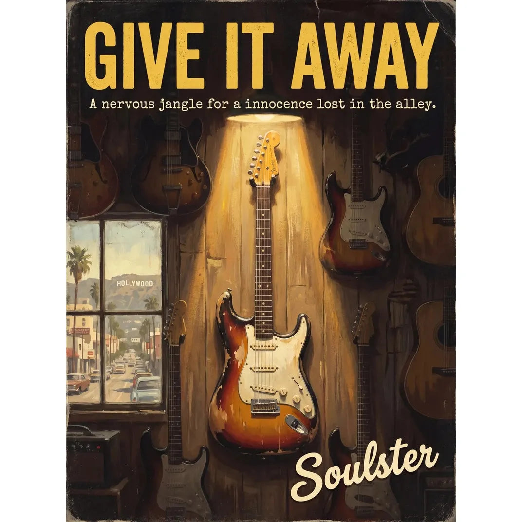 Soulster Manchester Edition wall art print showing a cinematic pulp style design of a Vintage Guitar inspired by Give It Away - Los Angeles.