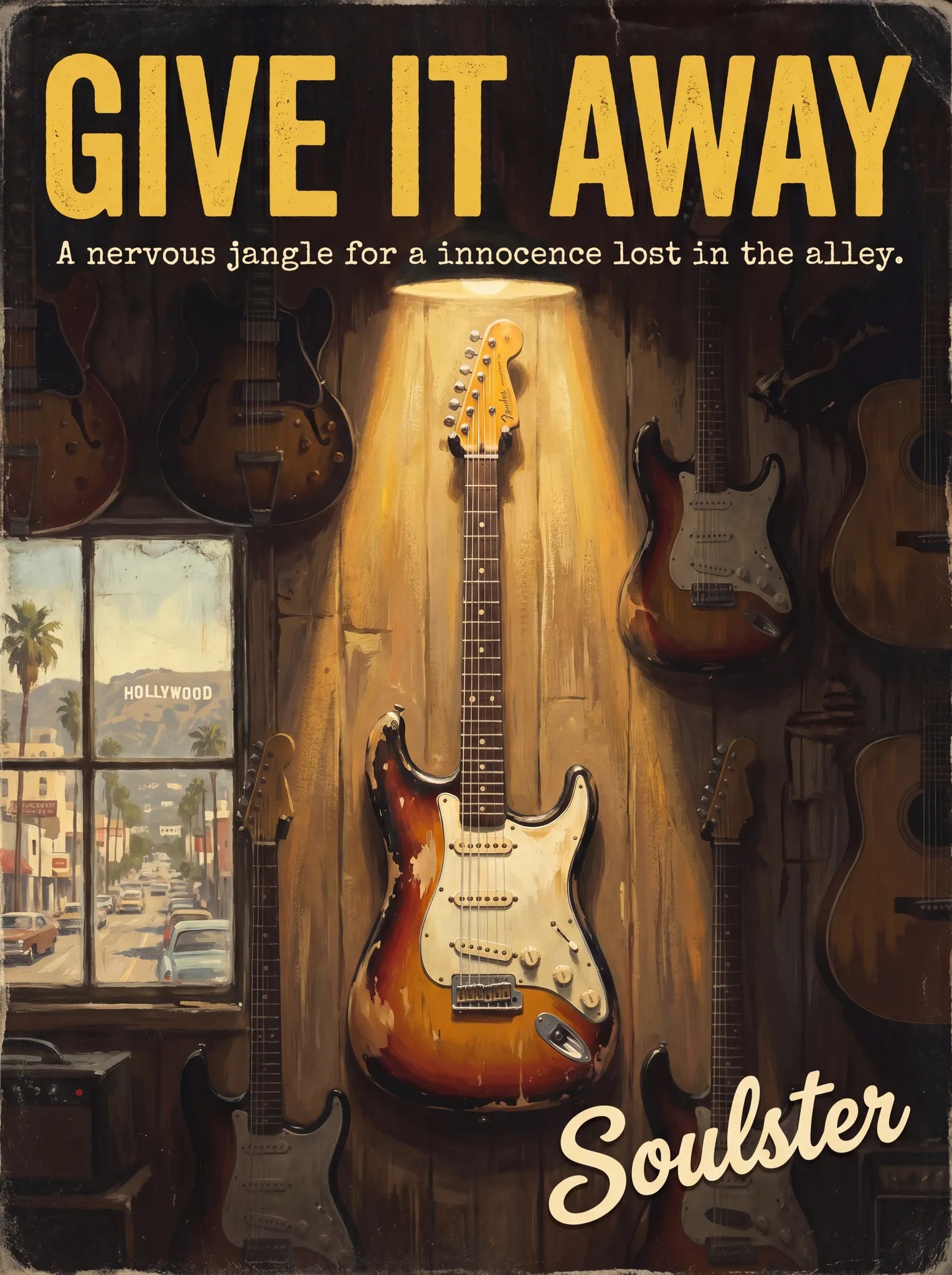 Soulster Manchester Edition wall art print showing a cinematic pulp style design of a Vintage Guitar inspired by Give It Away - Los Angeles.