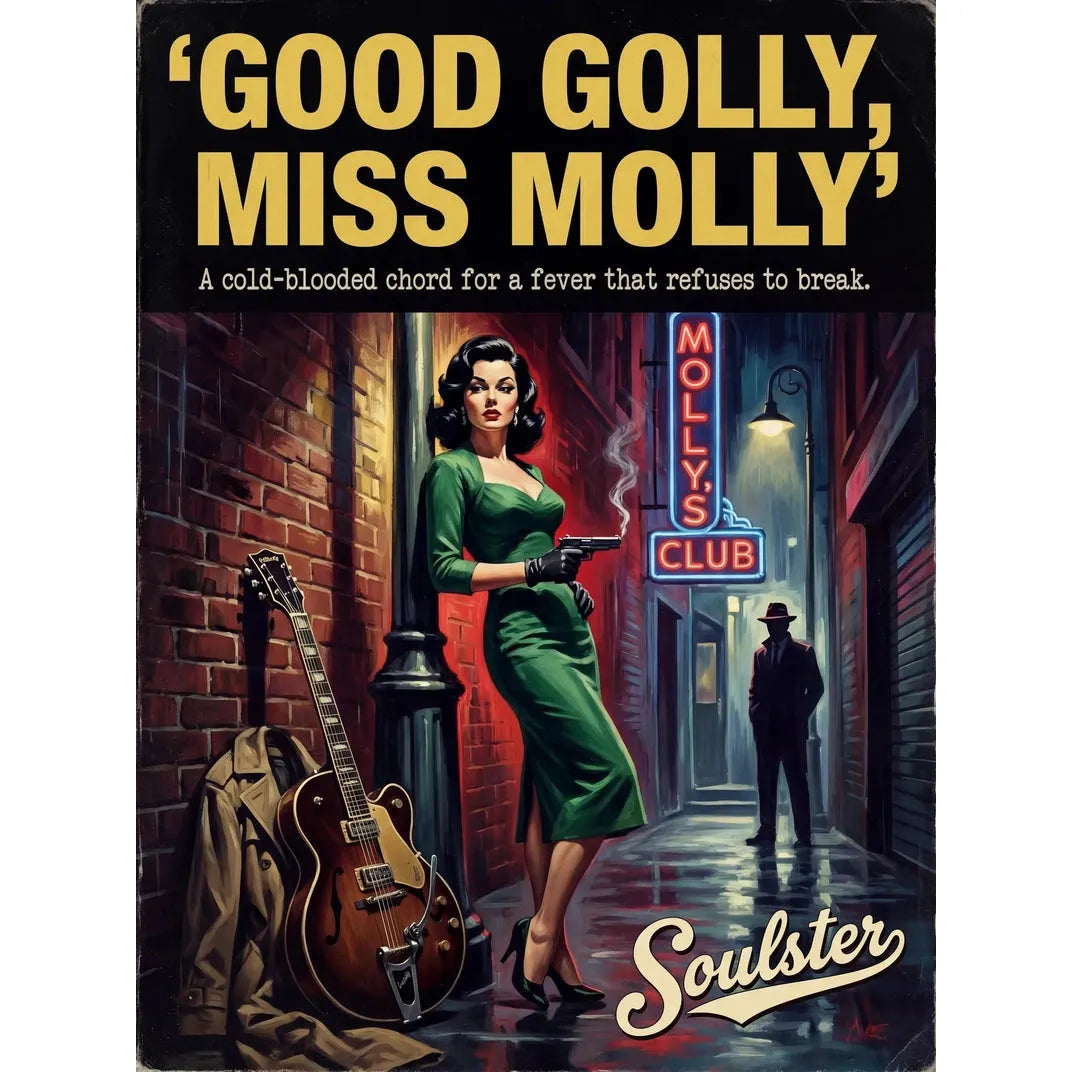 Soulster cinematic vintage pulp book cover art print illustration styled in a classic 1950s theme inspired by Good Golly, Miss Molly.