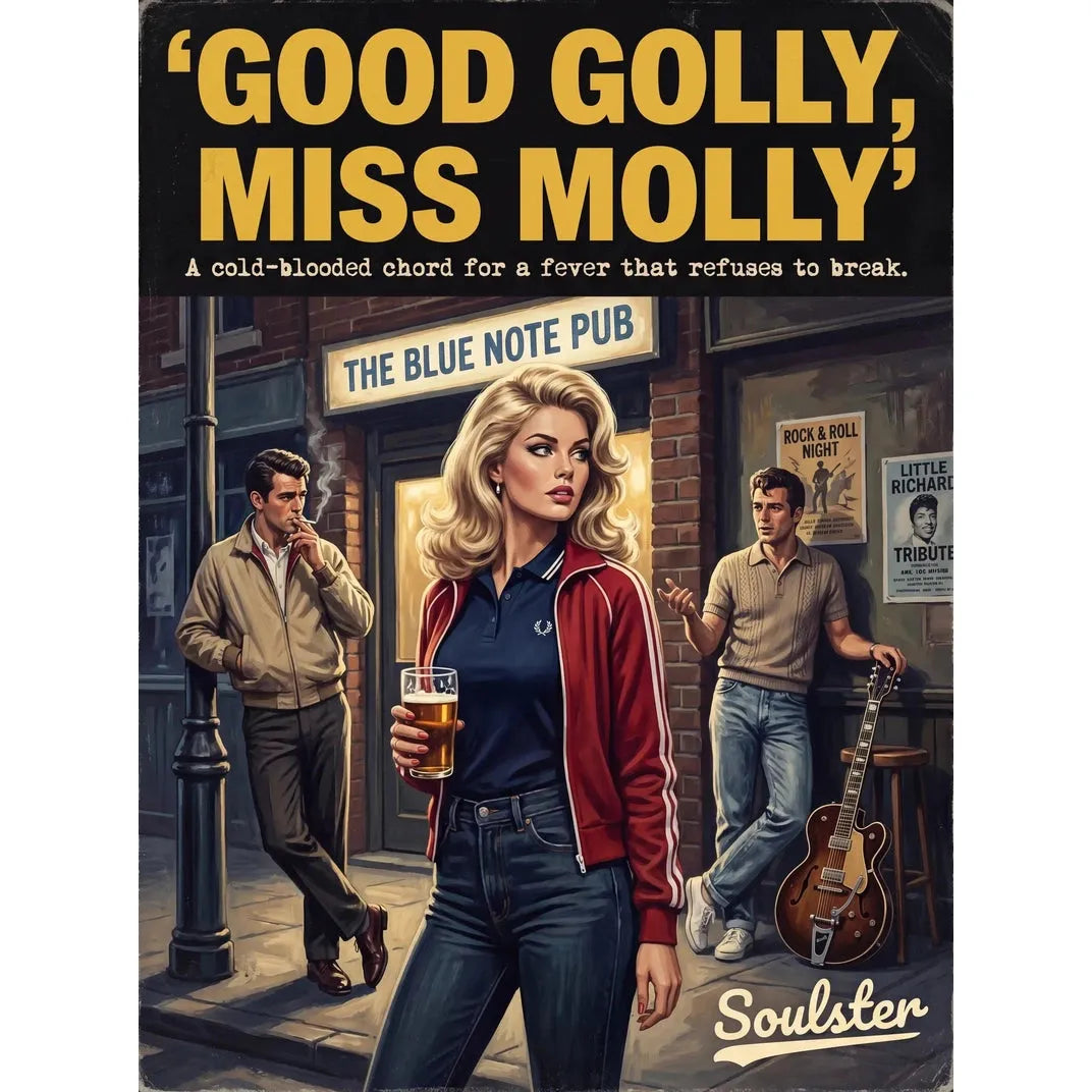Soulster retro pulp thriller book cover style art print illustration inspired by Alternative Indie - Good Golly, Miss Molly.