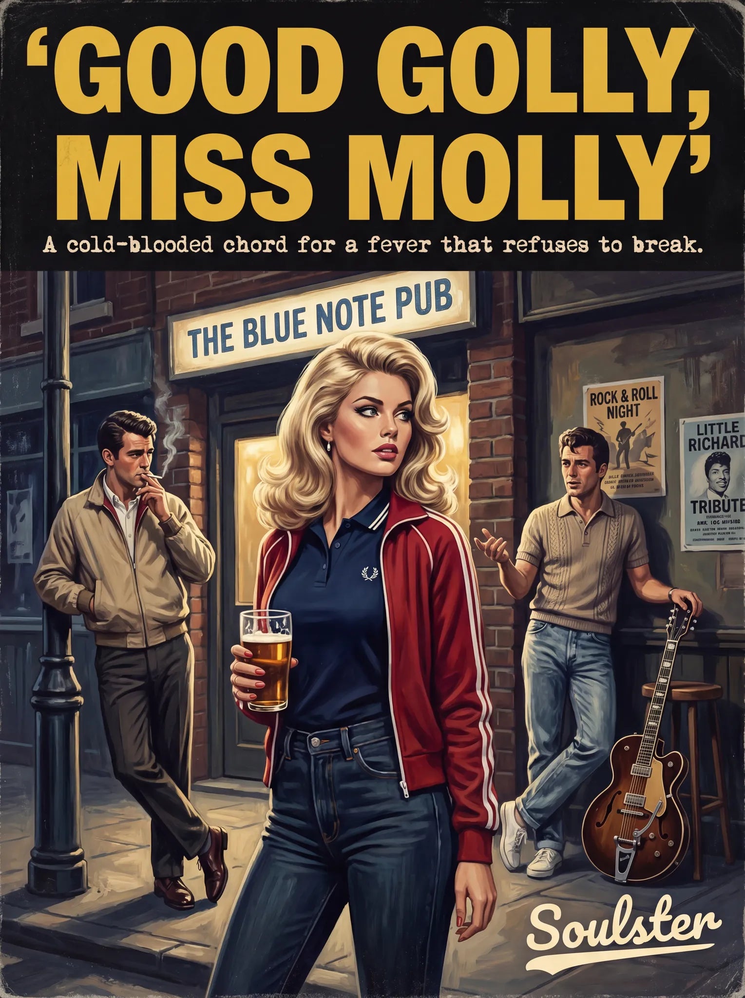 Soulster retro pulp thriller book cover style art print illustration inspired by Alternative Indie - Good Golly, Miss Molly.