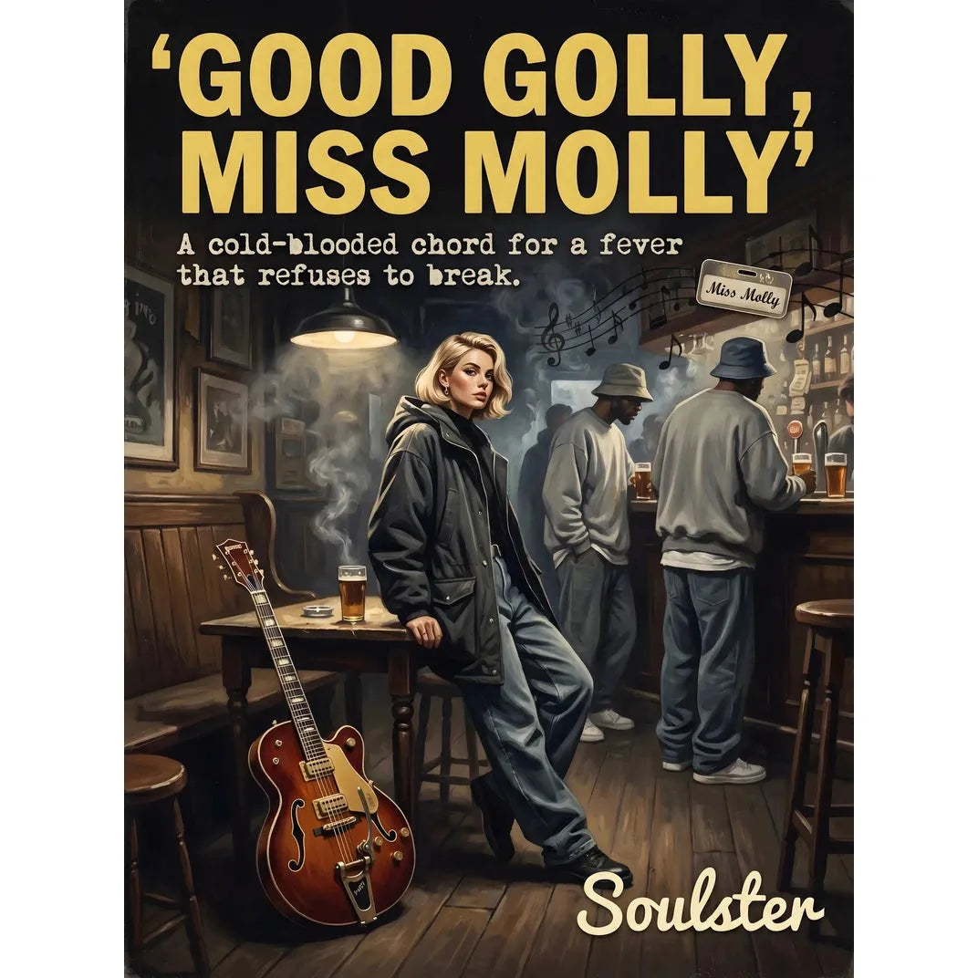 Soulster cinematic vintage pulp book cover art print illustration styled in a classic 1990s theme inspired by Good Golly, Miss Molly.