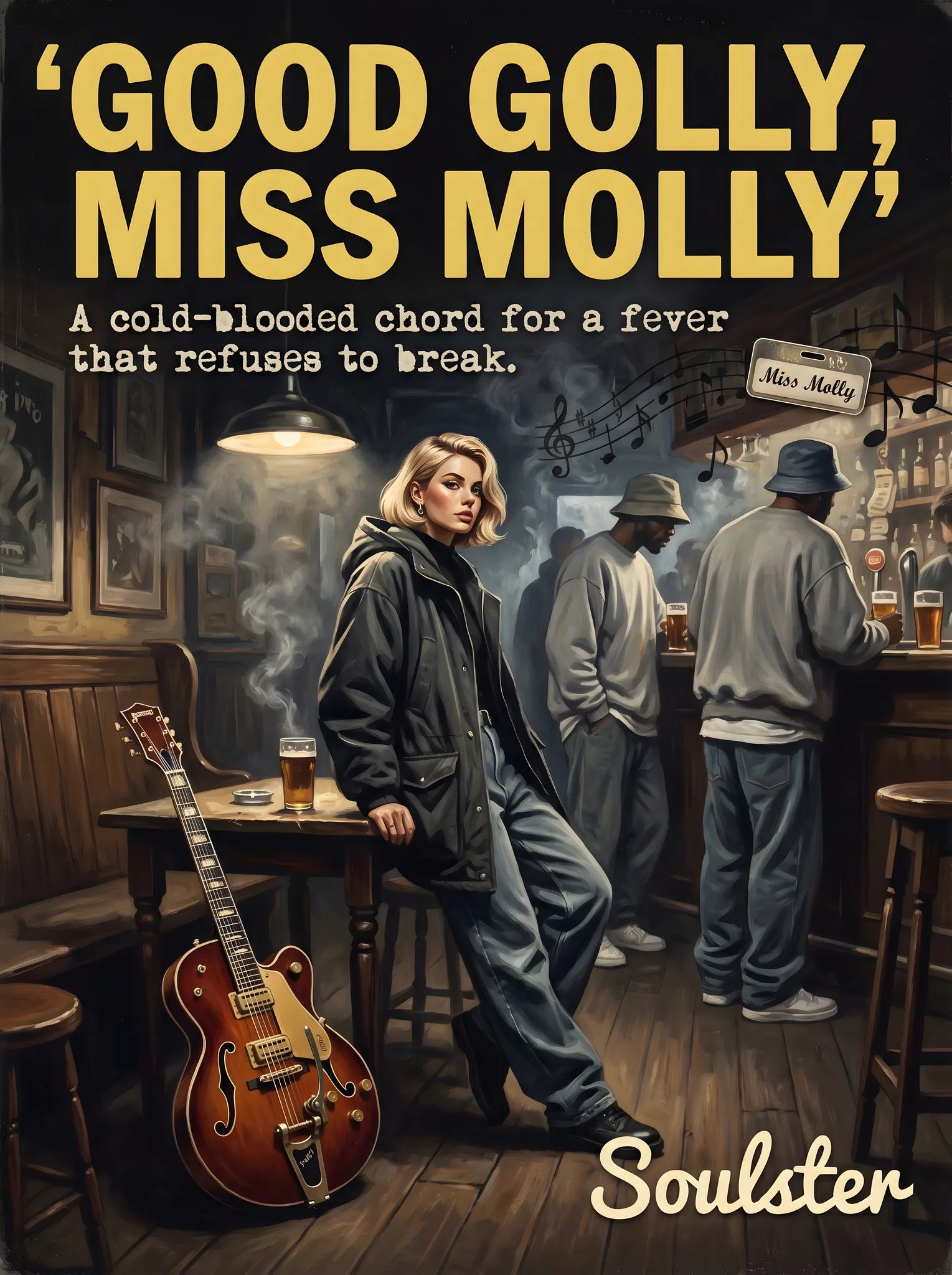 Soulster cinematic vintage pulp book cover art print illustration styled in a classic 1990s theme inspired by Good Golly, Miss Molly.