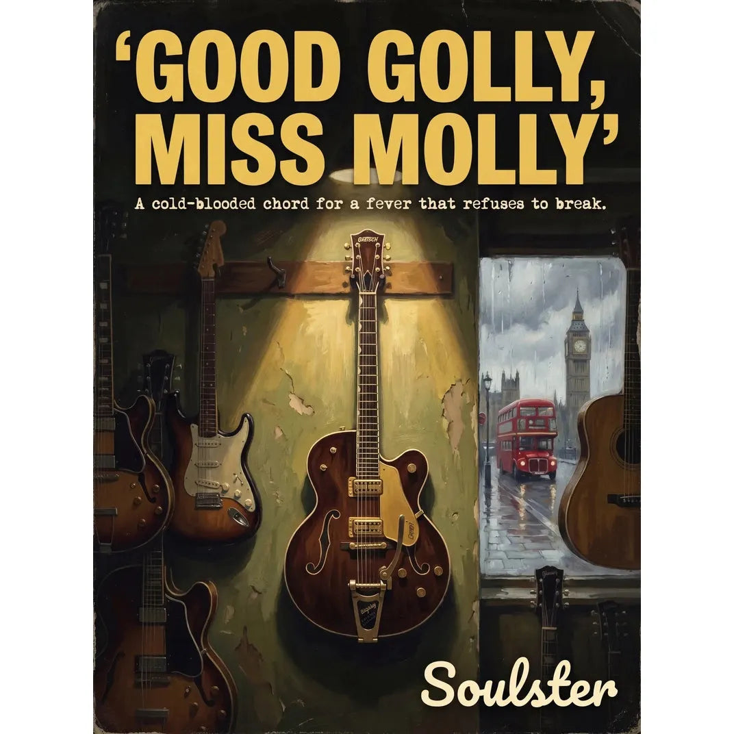 Soulster Manchester Edition wall art print showing a cinematic pulp style design of a Vintage Guitar inspired by Good Golly, Miss Molly - London.