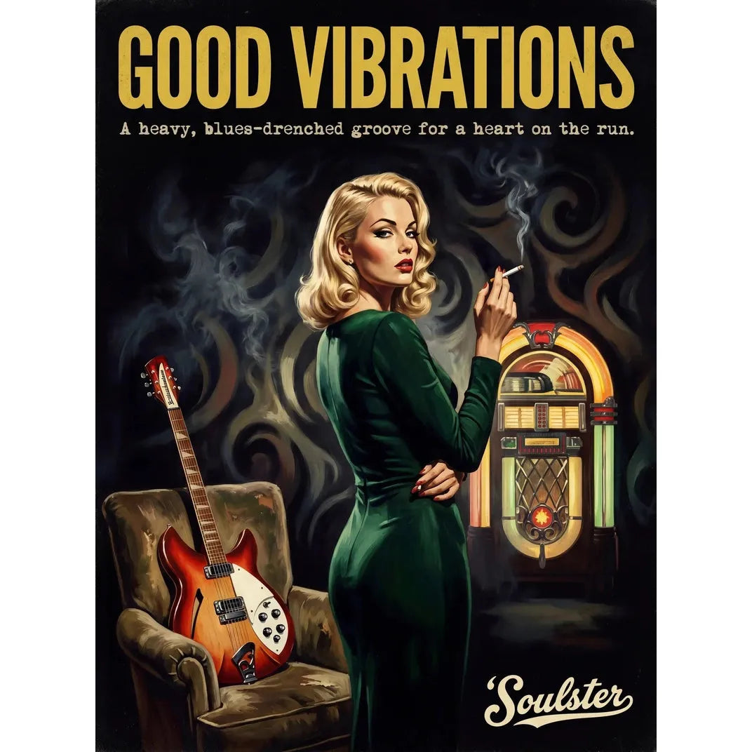 Soulster cinematic vintage pulp book cover art print illustration styled in a classic 1950s design layout inspired by Good Vibrations.