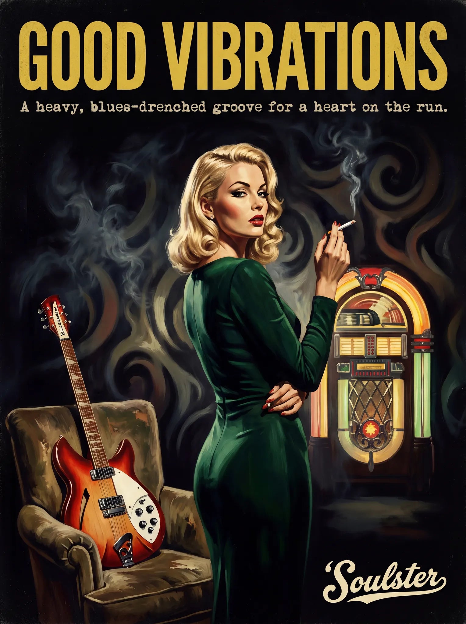 Soulster cinematic vintage pulp book cover art print illustration styled in a classic 1950s design layout inspired by Good Vibrations.