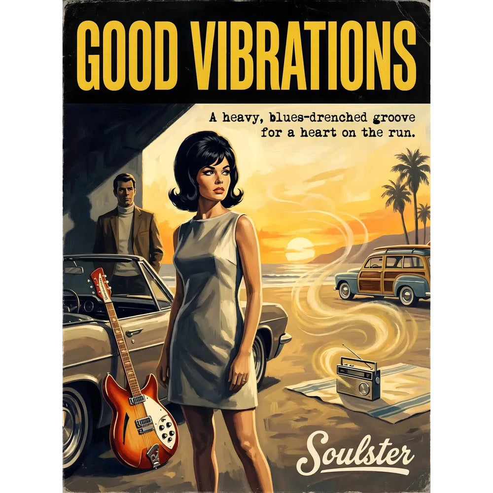 Soulster cinematic vintage pulp book cover art print illustration styled in a classic 1960s design layout inspired by Good Vibrations.