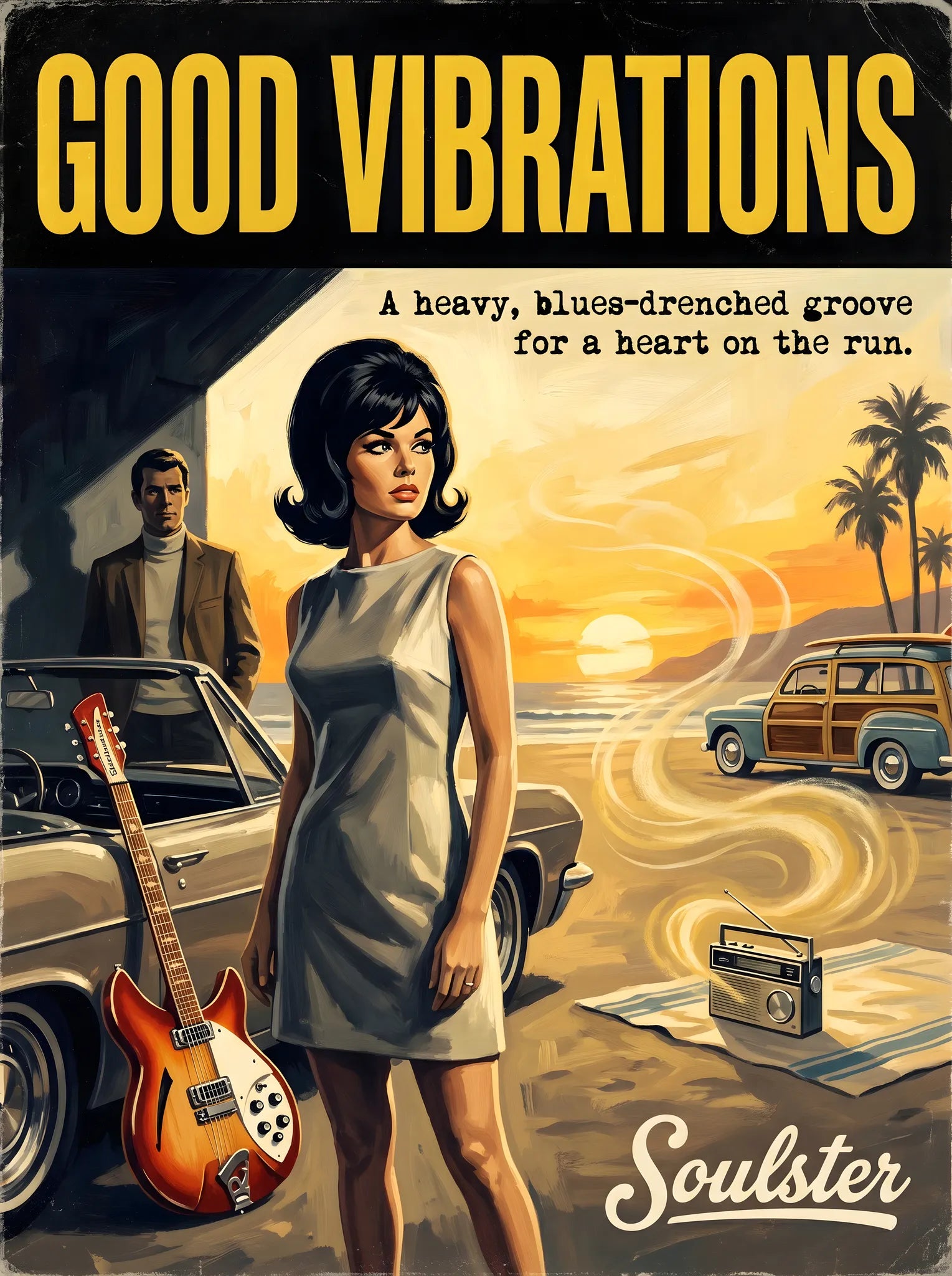 Soulster cinematic vintage pulp book cover art print illustration styled in a classic 1960s design layout inspired by Good Vibrations.