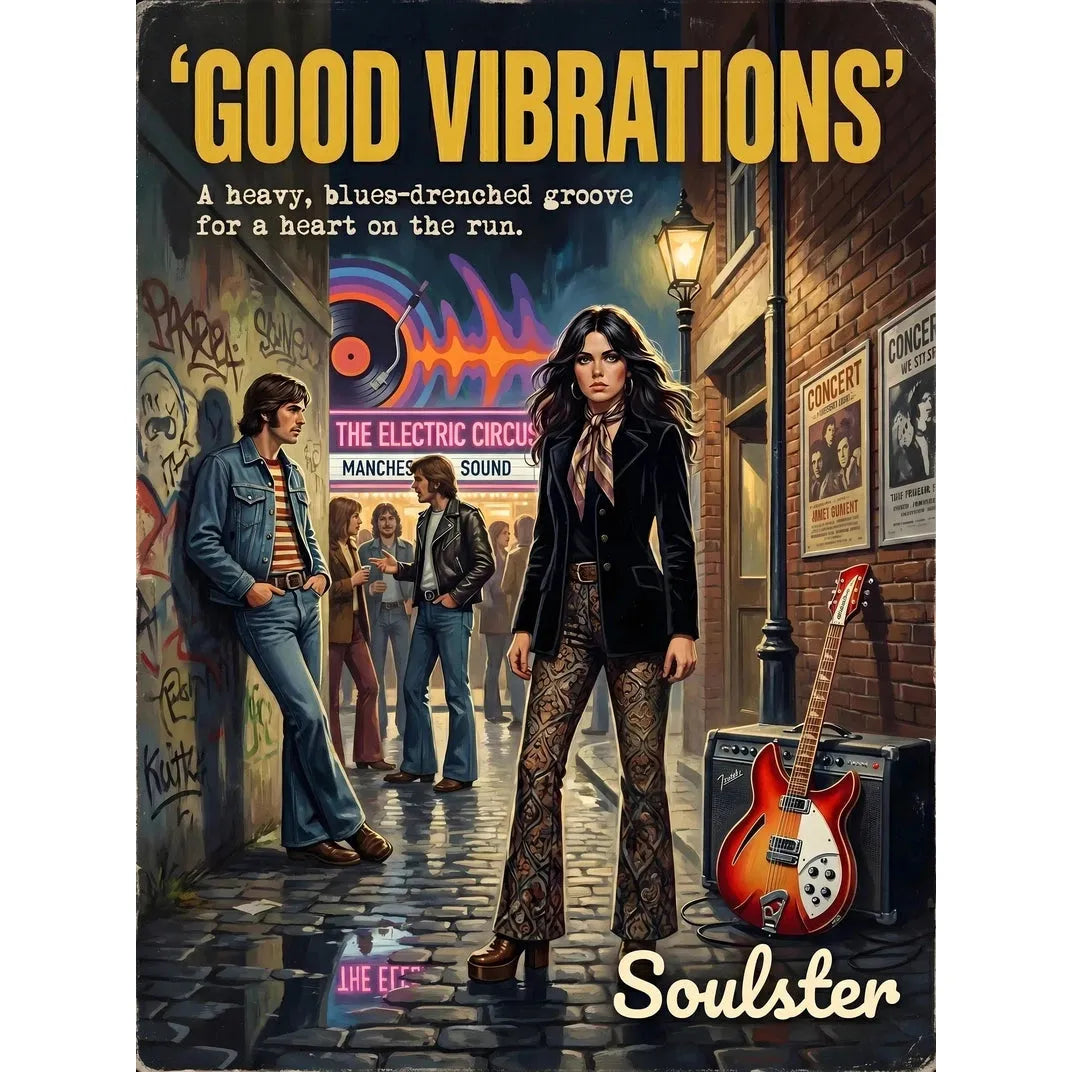 Soulster cinematic vintage pulp book cover art print illustration styled in a classic 1970s design layout inspired by Good Vibrations.