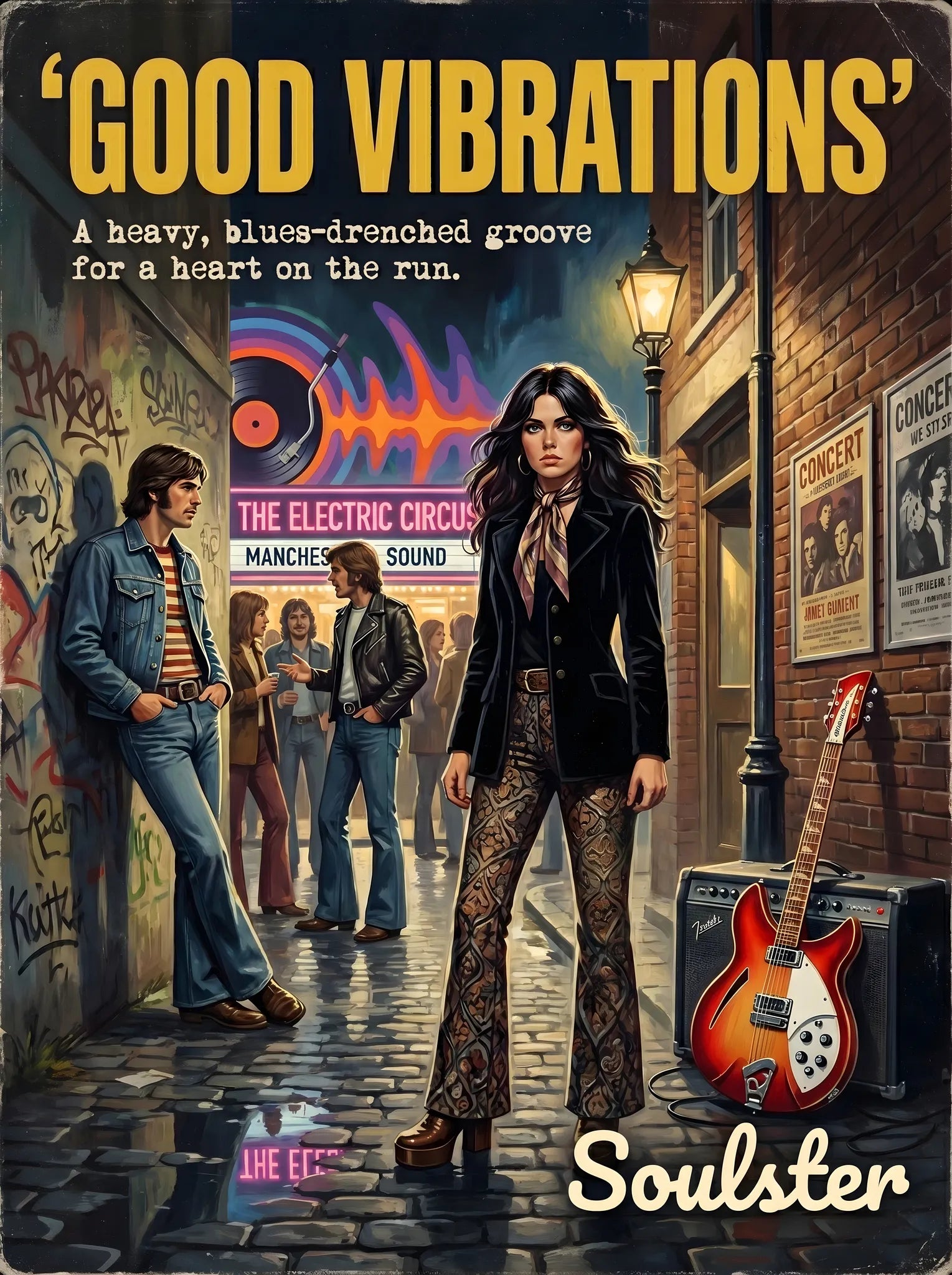 Soulster cinematic vintage pulp book cover art print illustration styled in a classic 1970s design layout inspired by Good Vibrations.